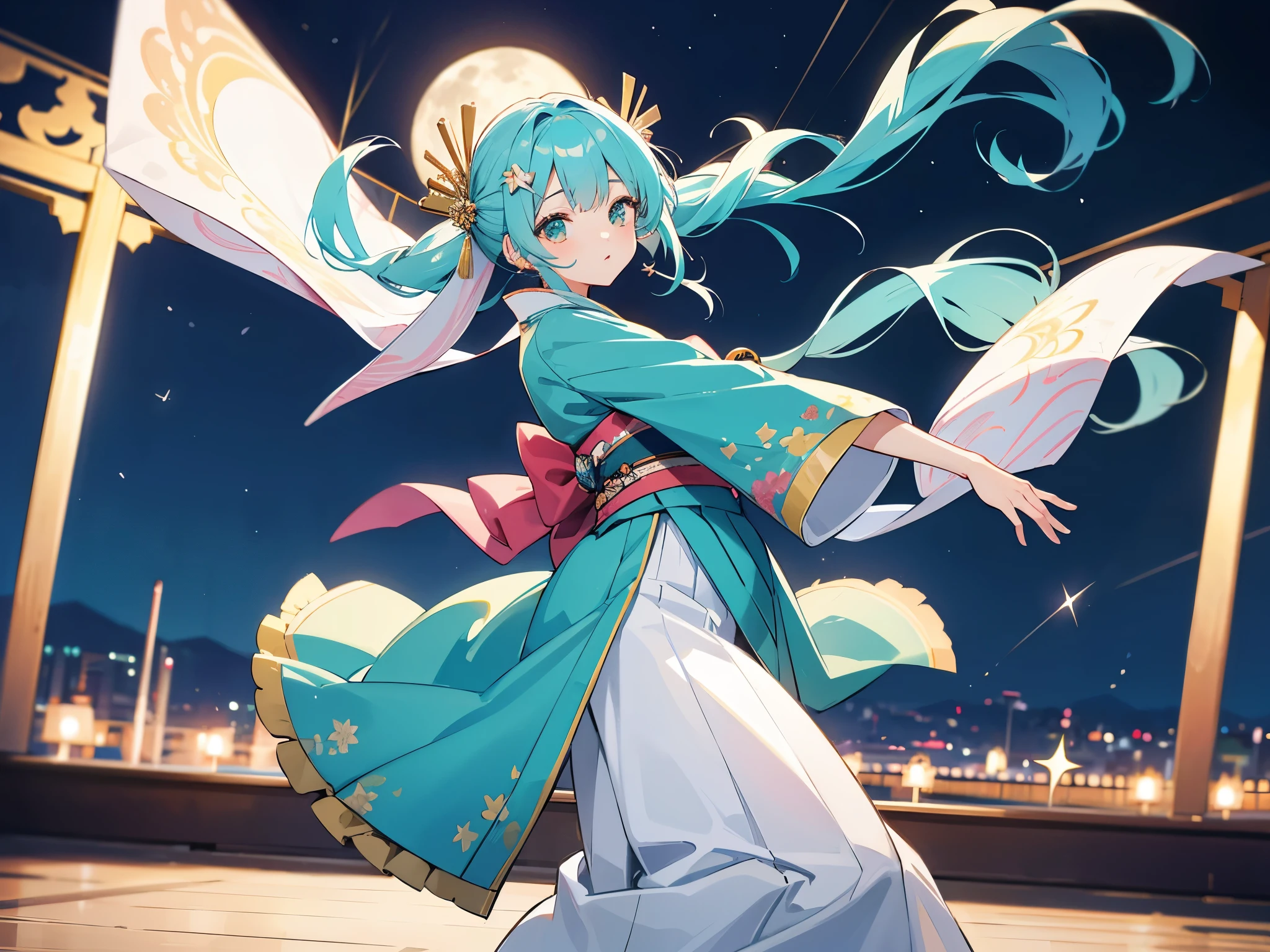 (muste piece)(best quality)(4K)10th generation women、turquoise hair、Hairpin、kimono(long hem)、Have a fan、dance、outdoor stage、A night with the moon and stars