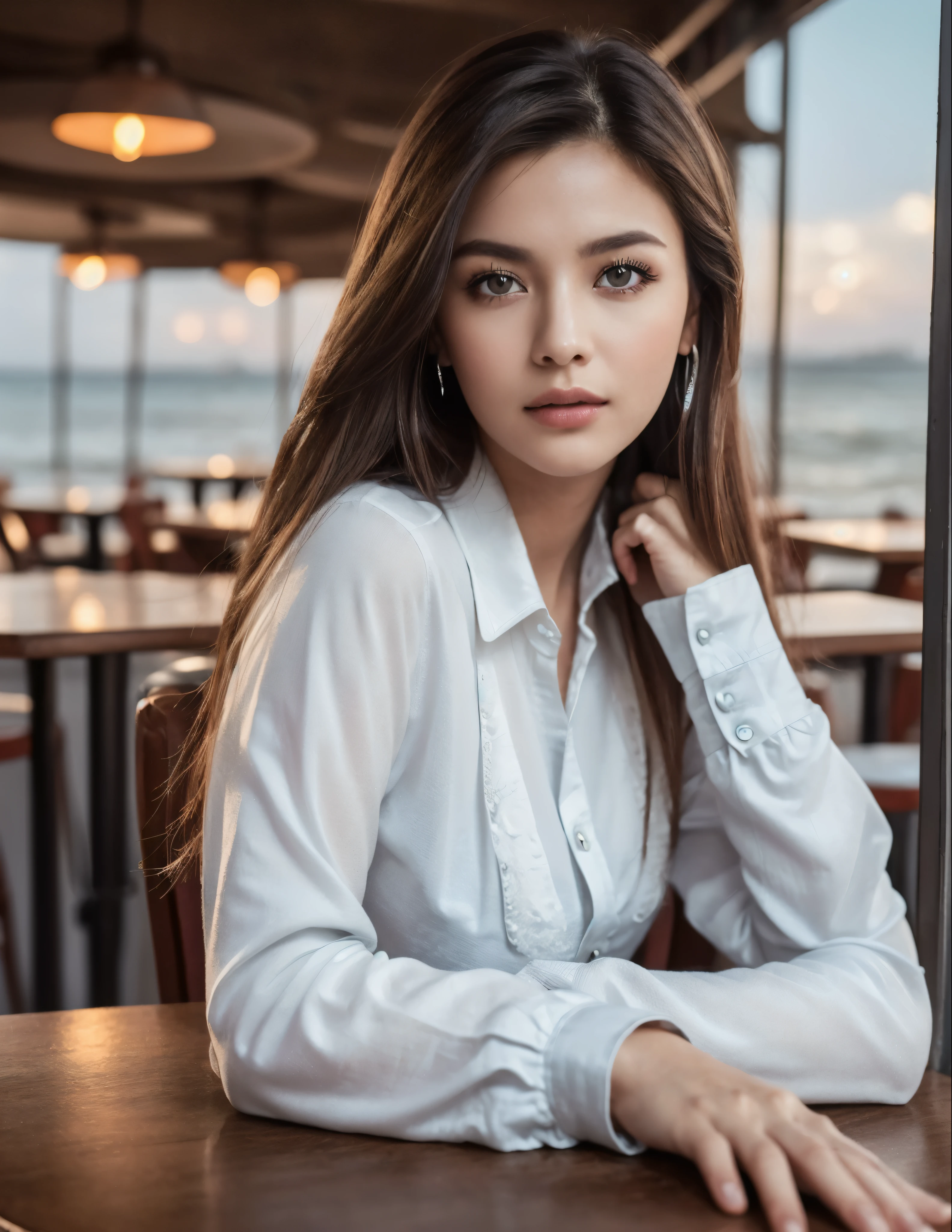 photo of (sh0hreh:0.99), a stunning beautiful young woman, hazel eyes, long messy windy light brown hair, closeup zoomed in tight crop portrait, sitting at a (table on a seaside boardwalk cafe bar drinks cocktails:1.2) wearing a (red designer long sleeve shirt:1.3) (drinks on table:1.3) (Lighting-silver:1.2) foreground objects background details (masterpiece:1.2) (photorealistic:1.2) (bokeh:1.2) (best quality) (color grading) (detailed skin:1.3) (intricate) (8k) (HDR) (cinematic lighting:1.3) (sharp focus), messy windy hair  