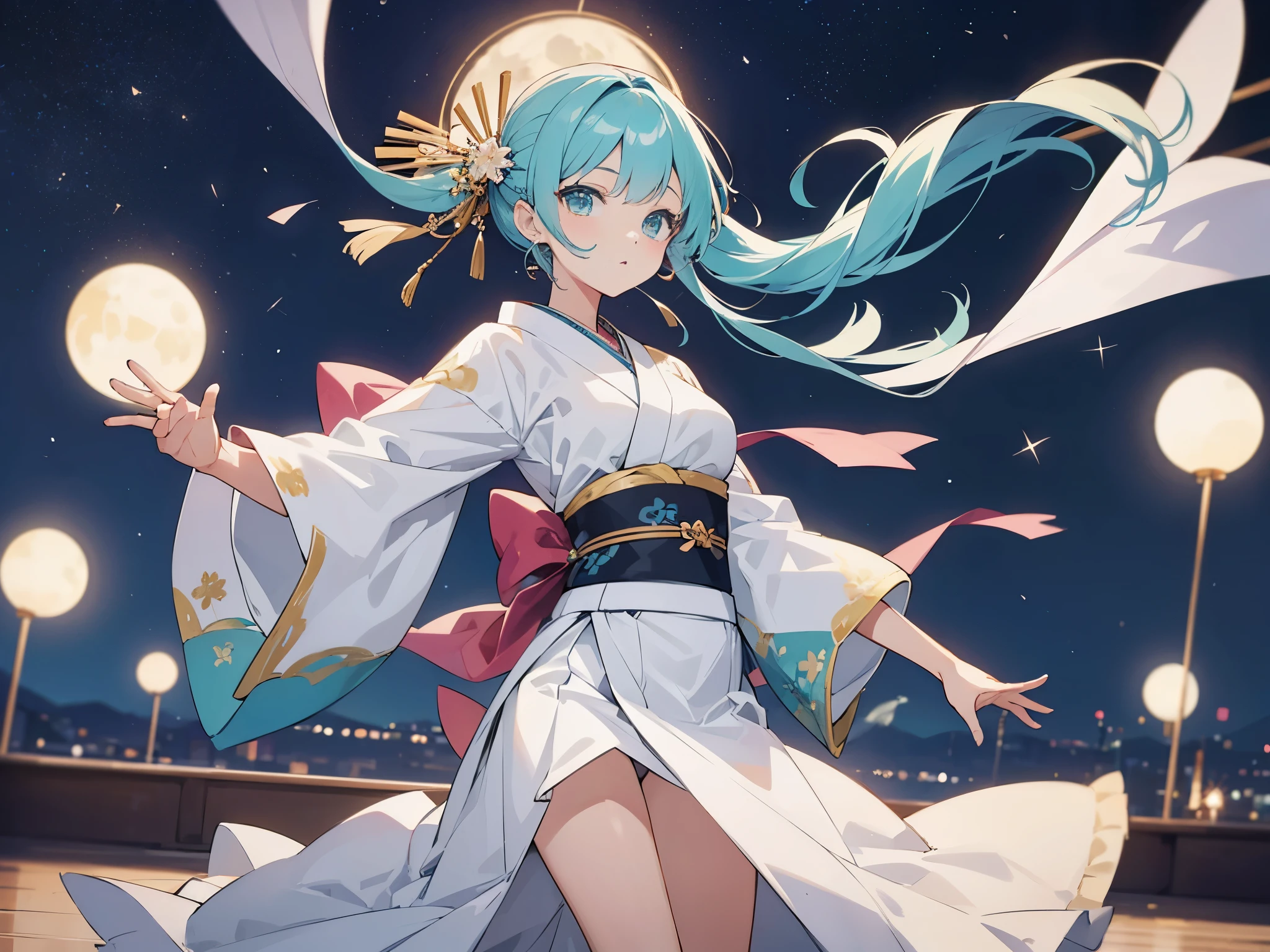 (muste piece)(best quality)(4K)10th generation women、turquoise hair、Hairpin、kimono(long hem)、Have a fan、dance、outdoor stage、A night with the moon and stars