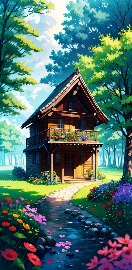 Wooden little Chalet at a far distance in a park, wet flowers, cloudy sky, 8k, peaceful, no people, vibrant colors