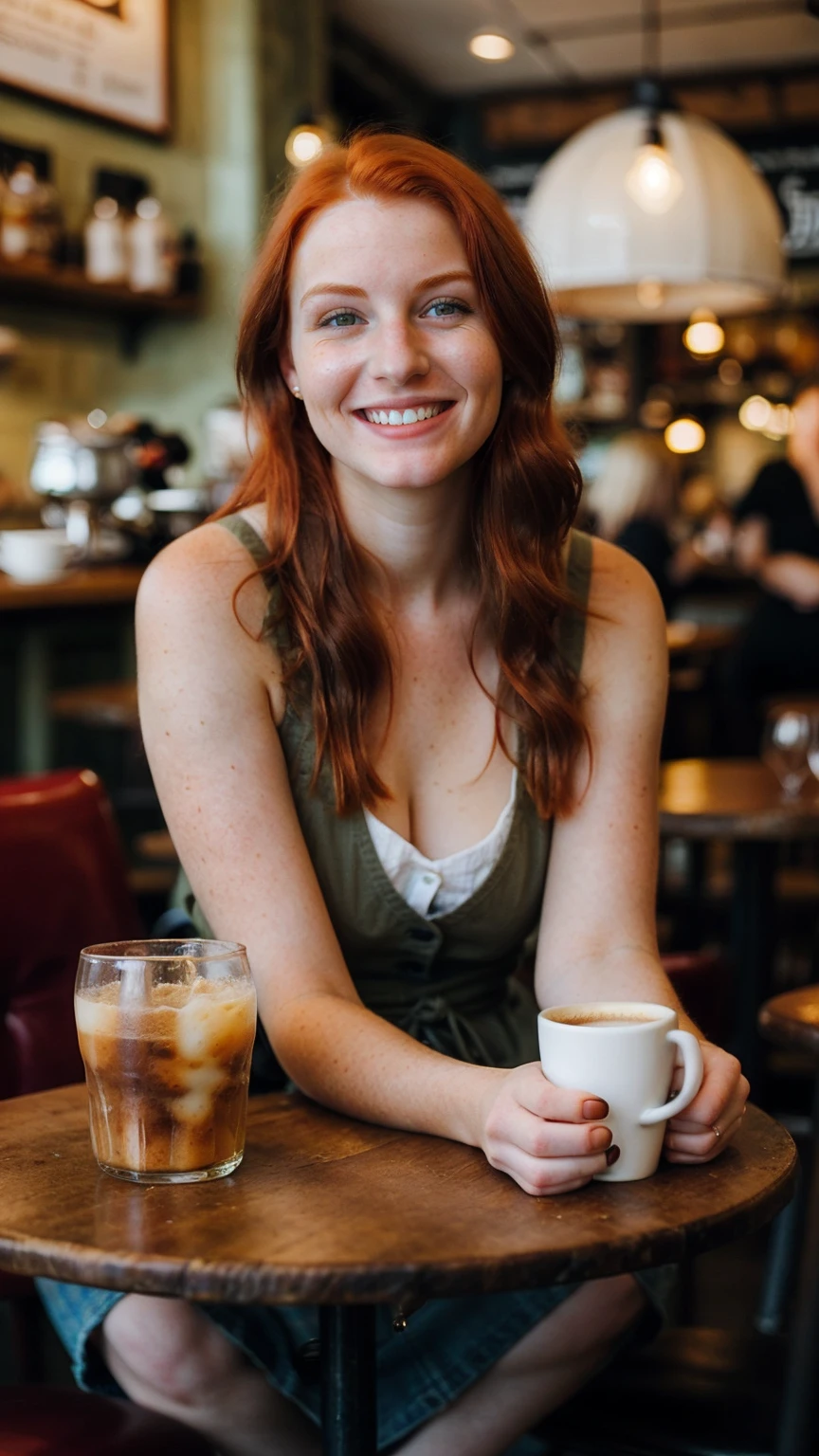 a beautiful 20 years old red head woman in a cafe smiling