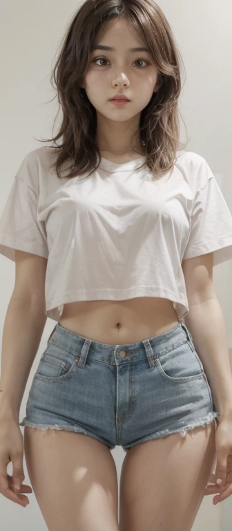 [nudity, explicit] nsfw Adorable Girl . Very Kawaii , Round Face . Solo , Slim , Medium Breasts , Short Stature . Glossy Skin . Plain White T-shirt . Tight Shorts . Dynamic Angle . No Background , White Background , looking at viewer, darker shadows, (((absurdres))), (((thigh gap))), (((underquatting)))