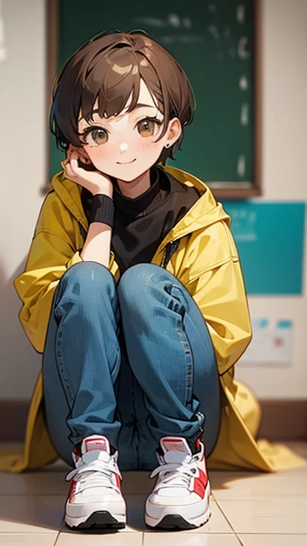 masterpiece, 最high quality, high quality, Female 1、30 years old, Nursery teacher、smiling kindly, short hair、brown hair、light yellow outerwear、denim jeans、sneakers、cute small earrings