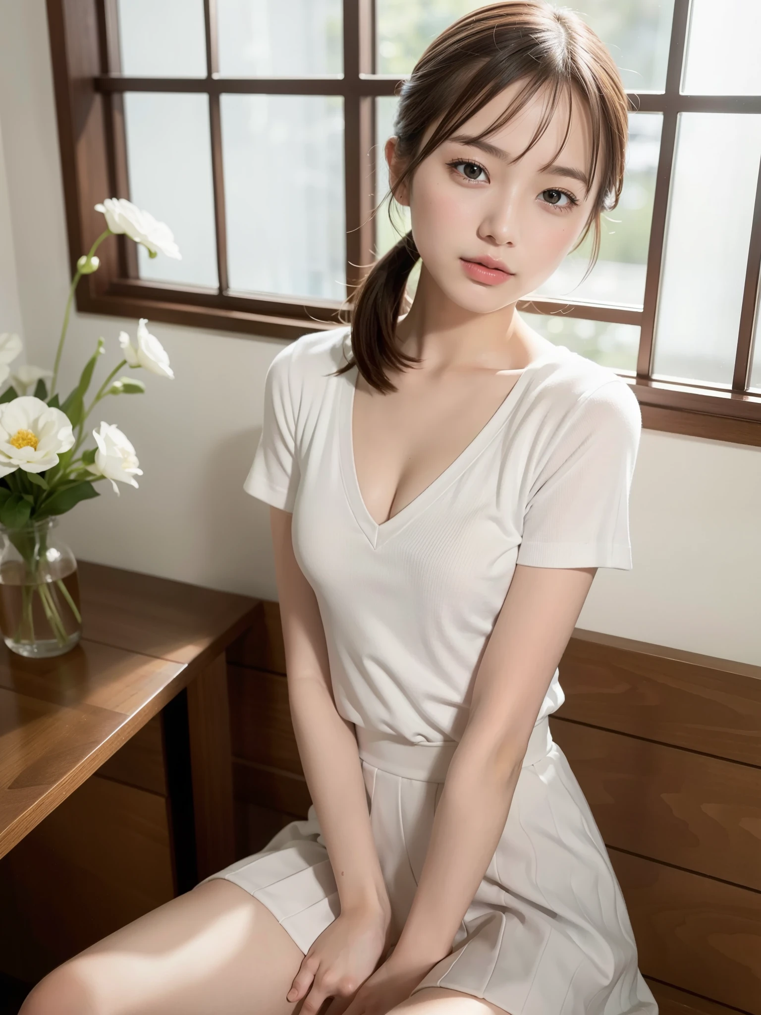 12year old girl，Plump，Slim figure，Wear only a plain white short-sleeved T-shirt，There is no pattern on the clothes，It must be pure white，There can be no color other than white，There can be no patterns，T，Cutes，Tender，Smile with