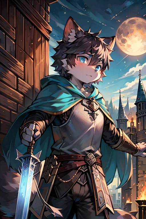 A raccoon,blue pupils,Wear armor,Shabby cloak,holding a long spear,站在city wall上,heavily clouded,flame,long sword,Round ears,waving flag,flame of war,A serious look,Look into the distance,city wall,The fire spread,juvenile,The moon covered by dark clouds,Run-down town,Remains of a cliff wall