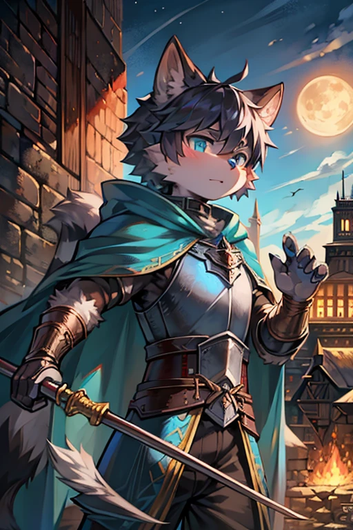 A raccoon,blue pupils,Wear armor,Shabby cloak,holding a long spear,站在city wall上,heavily clouded,flame,long sword,Round ears,waving flag,flame of war,A serious look,Look into the distance,city wall,The fire spread,juvenile,The moon covered by dark clouds,Run-down town,Remains of a cliff wall