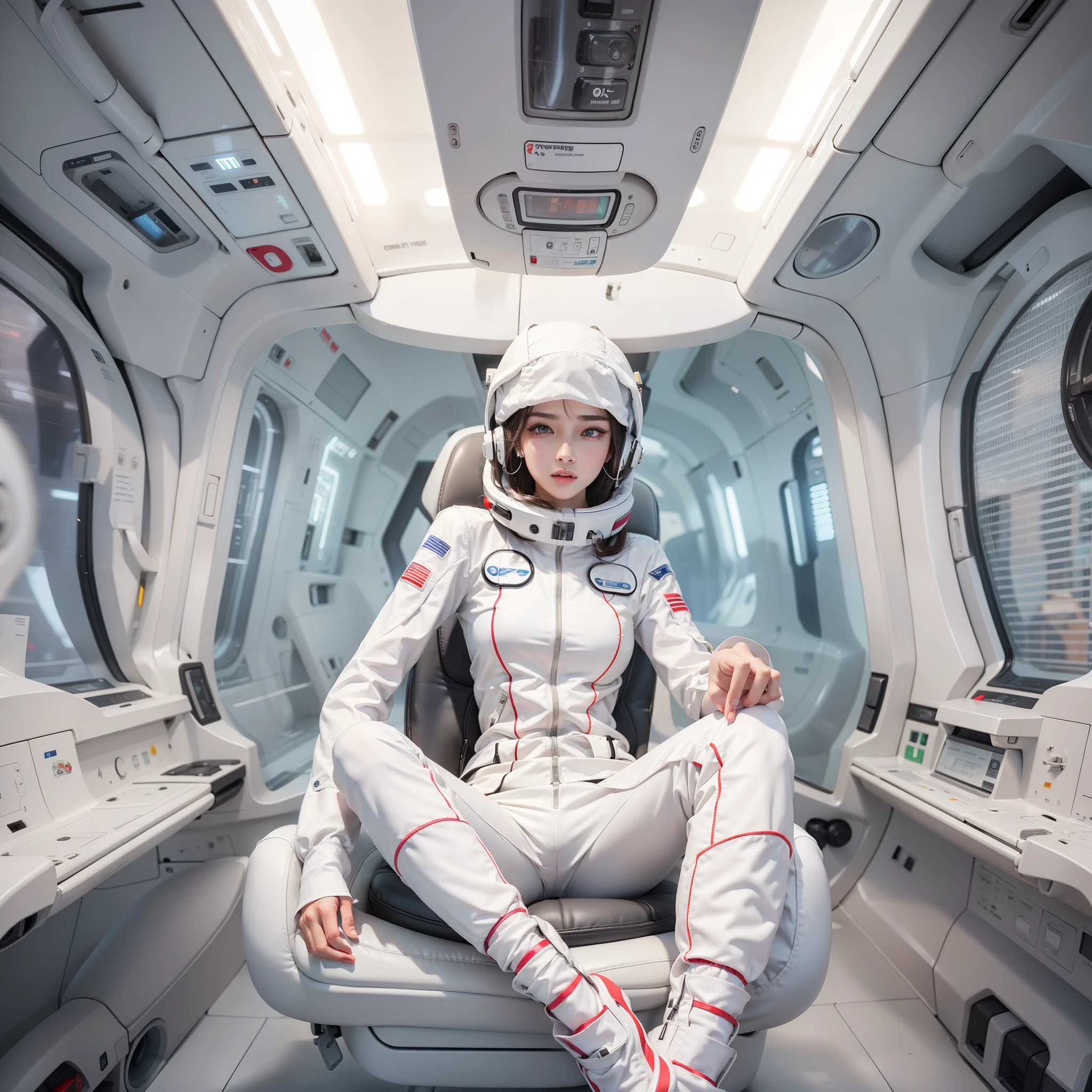 Seductive woman perfect beauty Very white skin beautiful eyes glossy lips sit on seat,Legs up Wearing a thin jumpsuit Feature earphone inside spacecraft