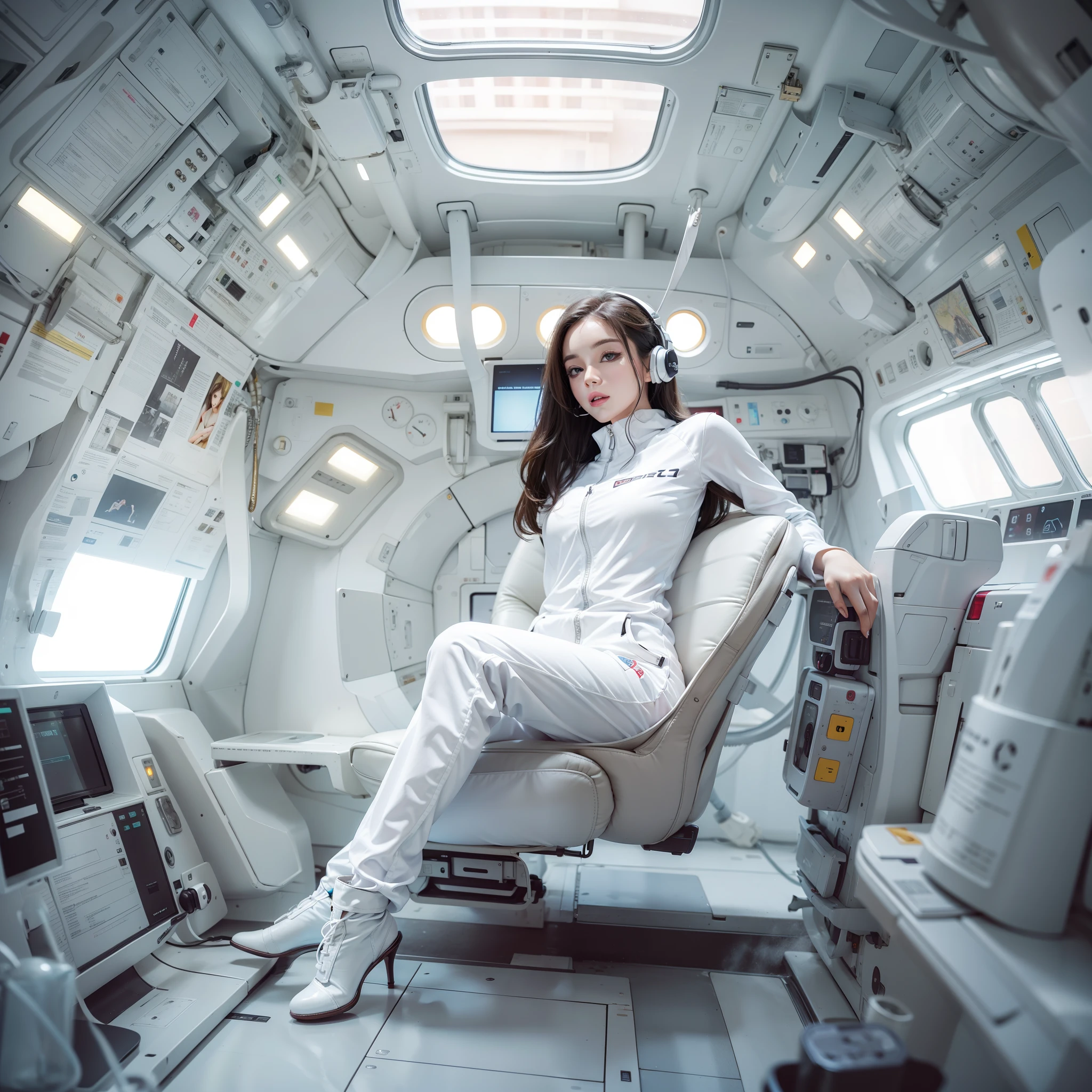 Seductive woman　perfect beauty　Very white skin　beautiful eyes　glossy lips　sit on seat，Legs up　Wearing a thin jumpsuit　Feature　earphone　inside spacecraft