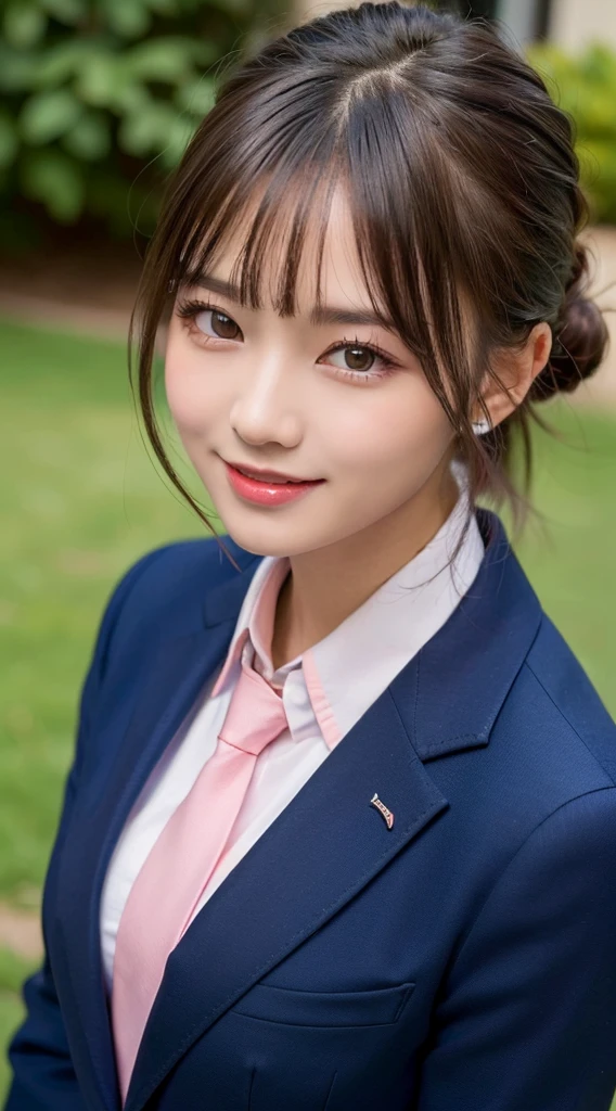 ((highest quality, 8K, masterpiece:1.3)), 1 girl, slim, (hairstyle short, big:1.2), (pink y-shirt, red tie, dark blue blazer:1.2), Slender Face, delicate eyes, double eyelid, bright smile, schoolyard, grass, sunlight, Uplifting, whole body