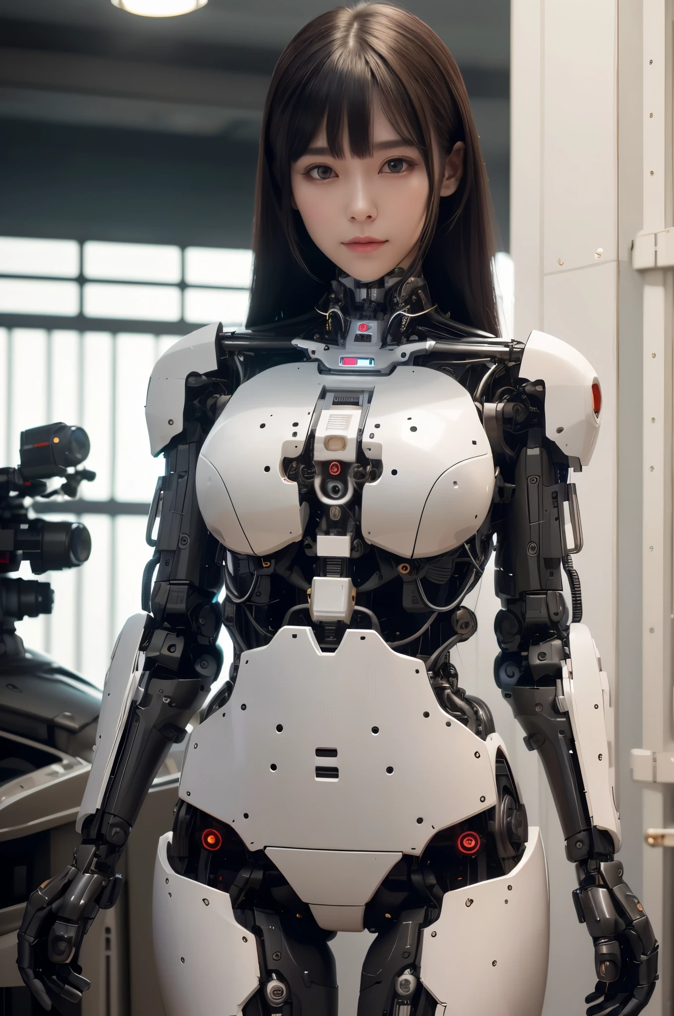 (photorealistic:1.4), (RAW photo)masutepiece, Best Quality, Extremely detailed, (Photorealistic:1.4), (8K, 4K, Best Quality, hight resolution, 超A high resolution:1.1), 8K portrait,1woman in, Japaese android woman,Plump , announcer,control panels,android,Droid,Mechanical Hand, ,Robot arms and legs, Black hair,Mechanical body,Blunt bangs,White Robotics Parts,perfect robot woman,Charging spot,Long Tube,A thick cable was connected to her neck,ceramic body ,Mechanical body, mechanical ear covers,android,robot humanoid,a bit chubby,panty,full eyes,She is exhibits,perfect mechanical body,white robotics body,future laboratory,mechanical ear cover,
