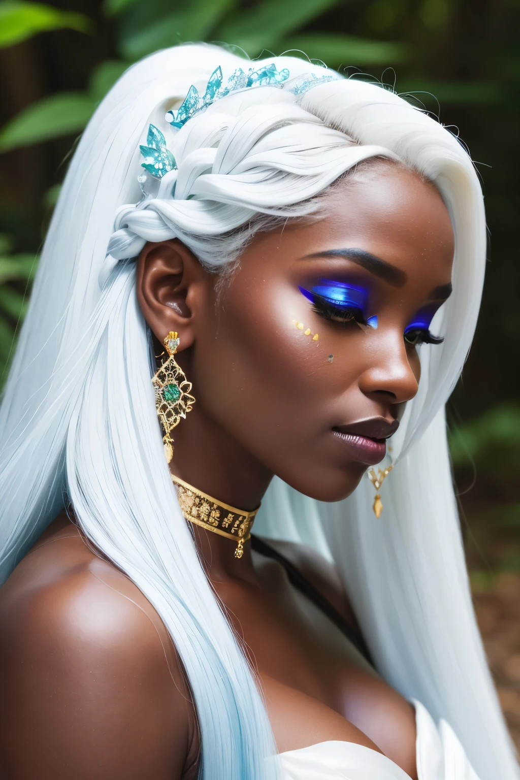 Photo of African Elsa from Frozen, half naked, (Exotic beauty), (Elaborate corset), ((Long white hair:1.5)), ((Front and profile full view)), ((Detailed face:1.2)), ((Detailed facial features)), (finely detailed skin), fair complexion, , Leaning against a tree trunk in a forest environment, (Rich textures and colors), Reflectors, (Perfectly capturing every curve), (Portrait), (Photographed in high resolution), (Canon EOS R6), (85mm Lens), F/1.4, (Wallpaper quality), (Cinematic lighting), (Hyper-realistic),