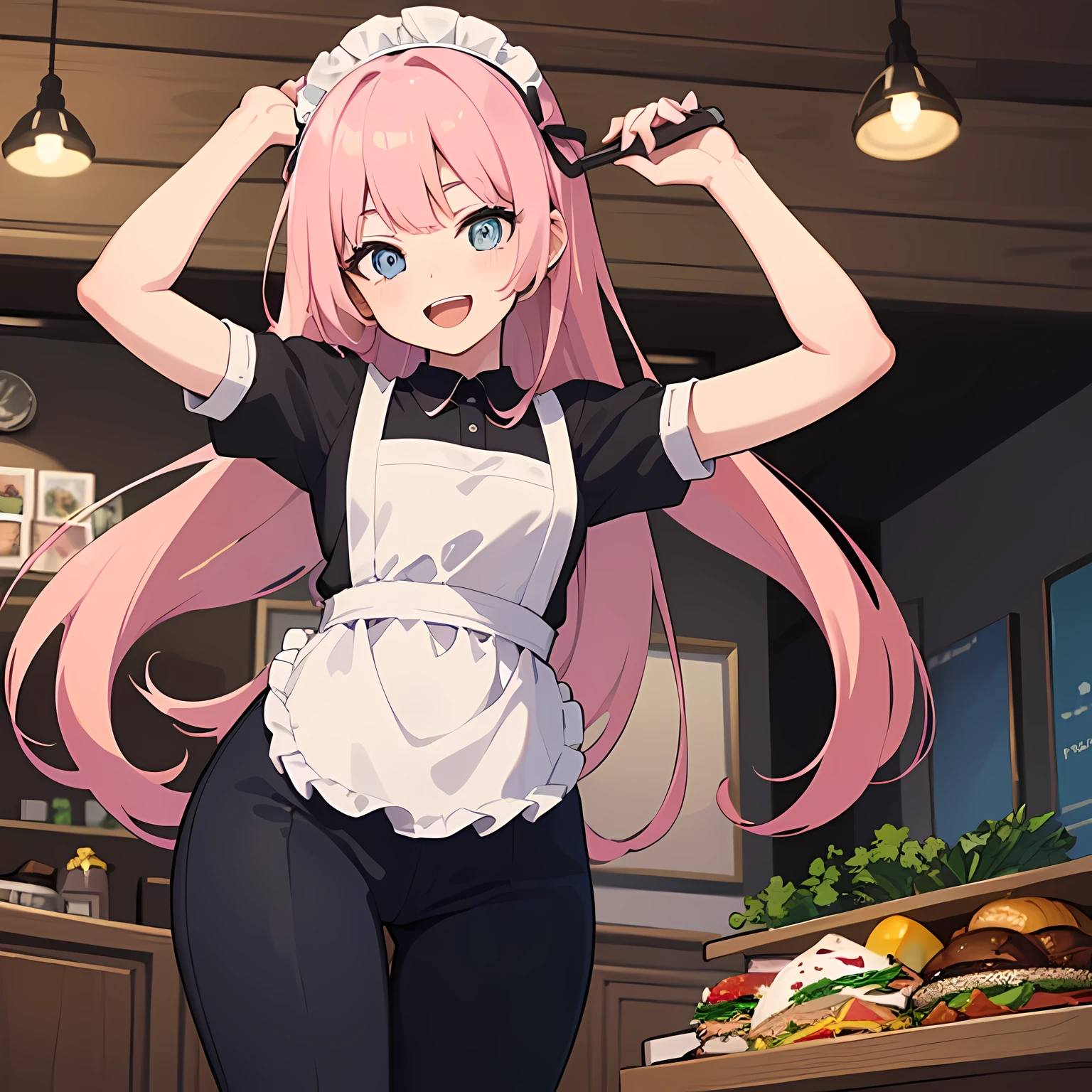 (super fine illustrations:1.2),(masutepiece, 8K), (Best quality, High quality:1.4), porate、((Super pastel)),Perfect ???????, ultra - detailed, ultra - detailed,Masterpiece background,beautiful detailed background, V8K wallpapers,Perfect design, 1girl in, Solo, (arms out,Slender, Very short sleeves,Pink hair,maid, Hefty Smile、(Bring lunch),from below, Cowboy shot:1.2), (light smile, Open mouth, 17 years old, Pink hair, (Super long hair,double tails), Blue eyes, Blue eyes, black shirt, Short sleeves, maid apronl, white maid apron, black long pants, Long pants, Long boots, slender girl), (Inside a coffee shop in a medieval European fantasy world)、Order