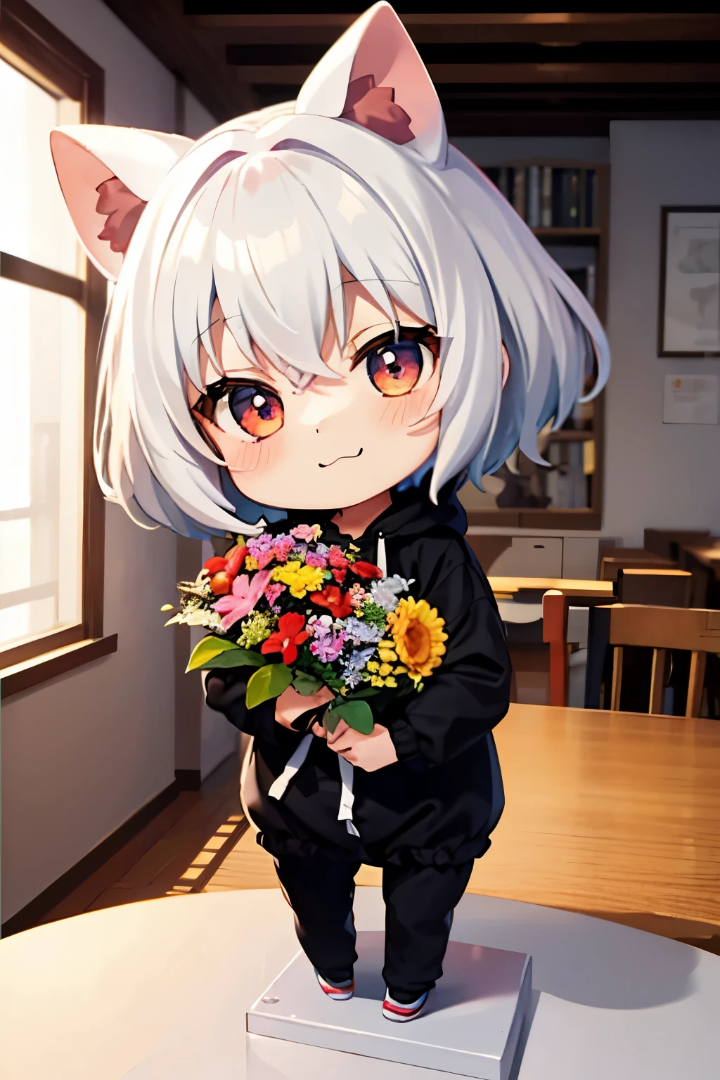 (Chibi:1.3), happy, (holding a bouquet), full body, (Kigurumi), indoors, on the table, (Nendoroid:1.1),