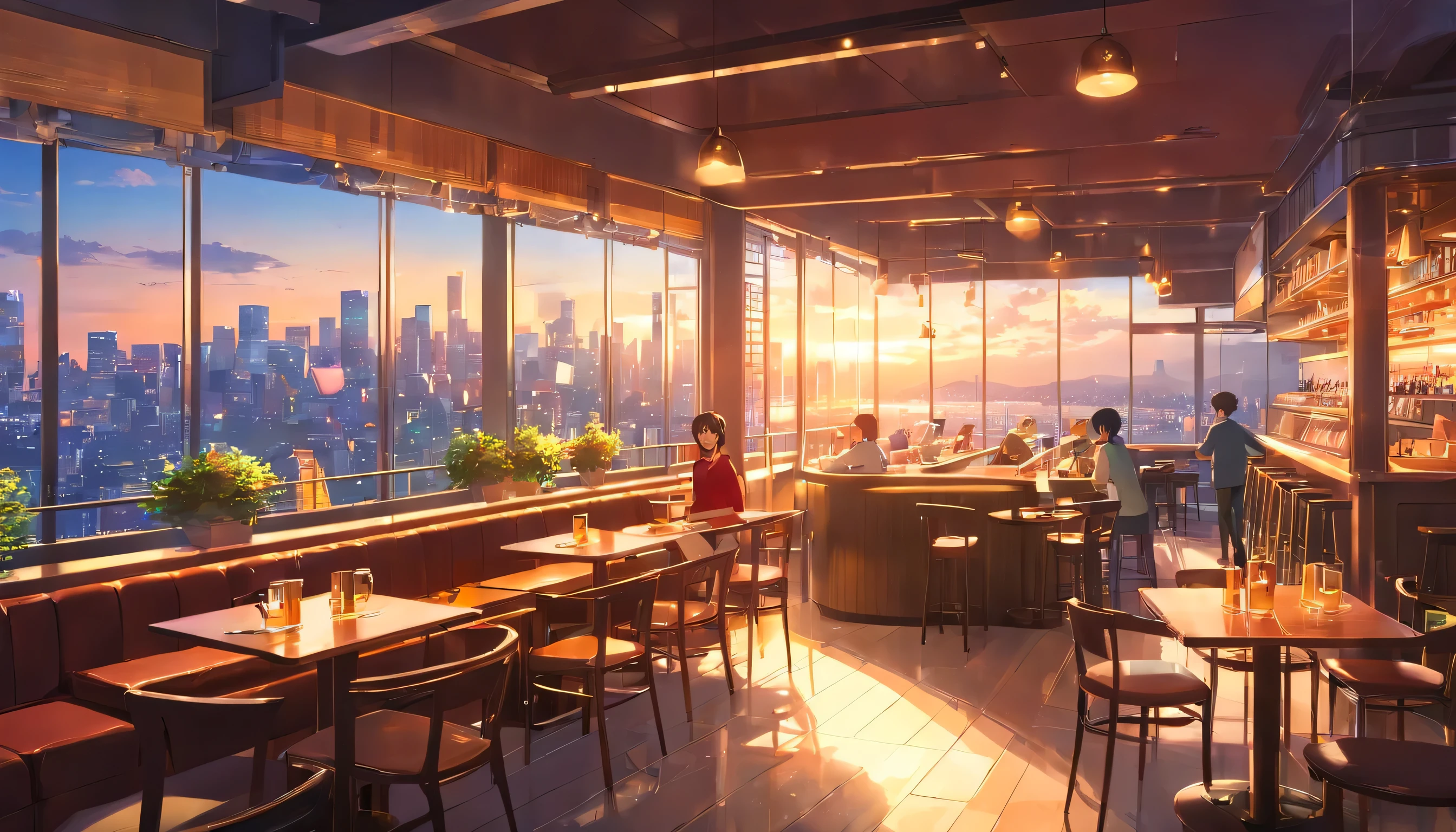 unmanned, tokyo, cafe, large window overlooking beautiful city scenery, (staring at the scenery), whisky, wine, jazz vibes