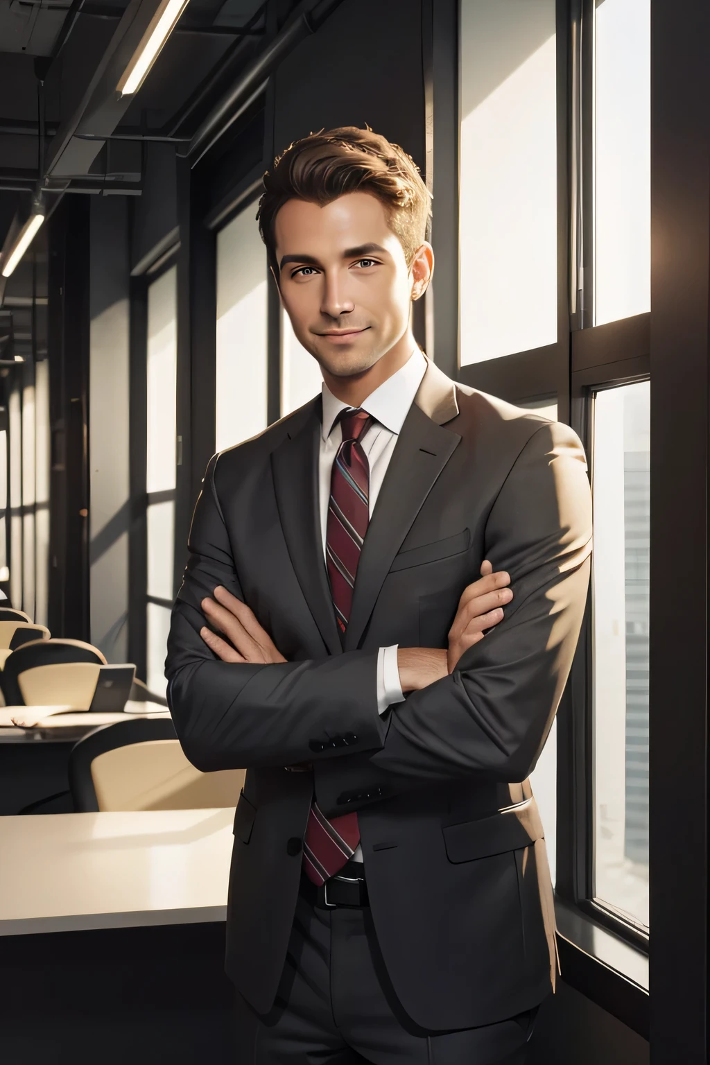 **portrait**, **photograph**, Professional man standing with his arms crossed, **short, Salt and pepper hair**, **suit, business wear**, **confident smile**, **Blurred office environment background**, **High resolution**, **Center framing**, **Middle Men**, **eye level**, **medium shot**, **Front view**, **Natural light, studio lighting**, **warm colors**, **--If 9:11**