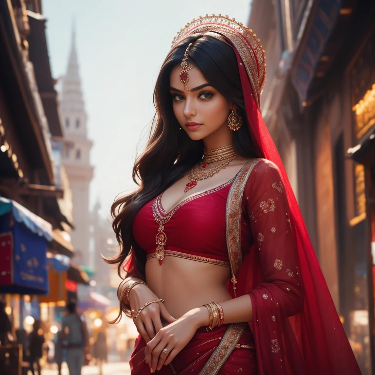 In the bustling streets of a vibrant Indian city, amidst the kaleidoscope of colors and scents, a big breasts, huge breasts, Indian woman (((Anne Hathaway: Selena Gomez:0.6))) clad in a vibrant red saree and a black blouse becomes an ethereal sight that captivates all who lay eyes upon her. Her undeniable beauty transcends time and space, leaving onlookers spellbound.

Describe the scene as the woman, with her graceful presence, glides through a crowded marketplace, where merchants and shoppers pause to admire her radiance. The atmosphere is alive with whispers as her mesmerizing allure evokes a sense of awe and admiration.

Embark on a journey to reveal the woman’s story—her name, her background, her passions—and the reasons behind her choice of attire. Explore her persona, intertwining elements of mystery and allure, as people speculate on the secrets hiding behind her enchanting gaze.

Incorporate the sights, sounds, and emotions that surround this extraordinary woman, as she navigates through the city’s vibrant tapestry. Whether it be the scent of freshly ground spices, the distant sound of temple bells, or the intricate henna designs adorning her hands, immerse the reader in the sensory experience of this captivating moment.

As the story unfolds, her path intertwines with that of a curious photographer who becomes determined to capture her undeniable beauty in a single photograph. Describe their encounters, the photographer’s attempts to understand her story, and the profound impact this woman’s presence has on his own life.(Blur Background:1.6), (Blue Hue:0.8), (Auto focus:1.4)