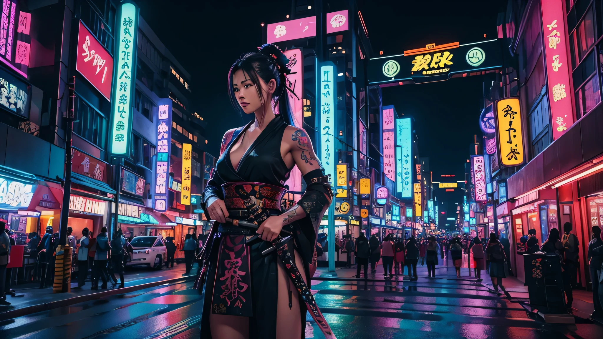 bright neon mega city with a women samurai holding a large katana, tattoos, colorful bright