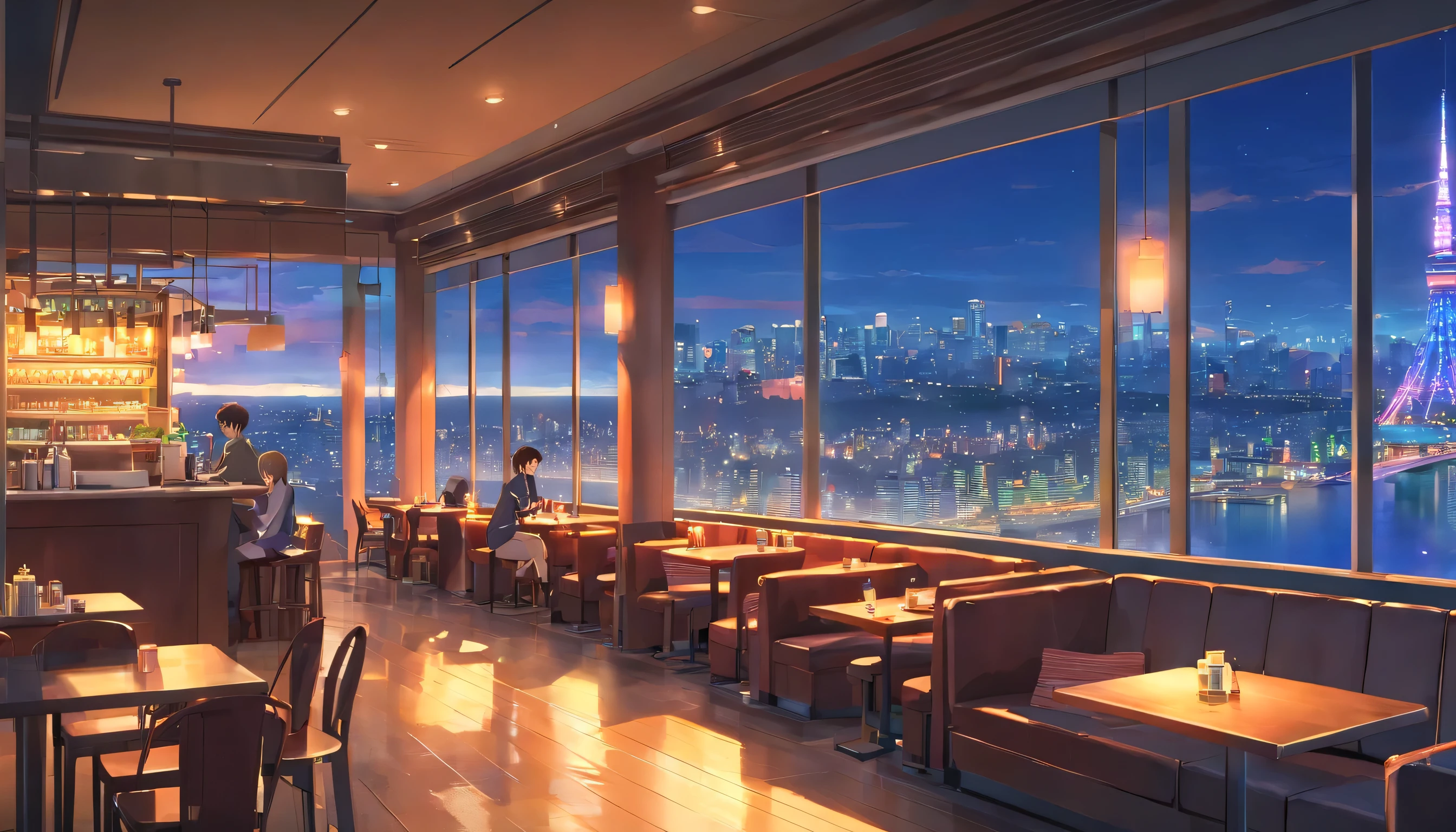 unmanned, tokyo, cafe, large window overlooking beautiful city scenery, (staring at the scenery), whisky, wine, jazz vibes