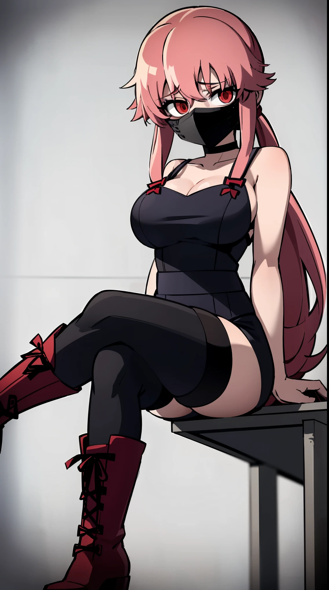 anime_still, masterpiece, best quality, 1girl, Gasai Yuno,(large breasts:1.5), red eyes, dark blue overalls, black lace high boots, black choker, [crazy eyes], (wearing a dark grey face mask:1.2), psycho, insane,(crazy:1.1)