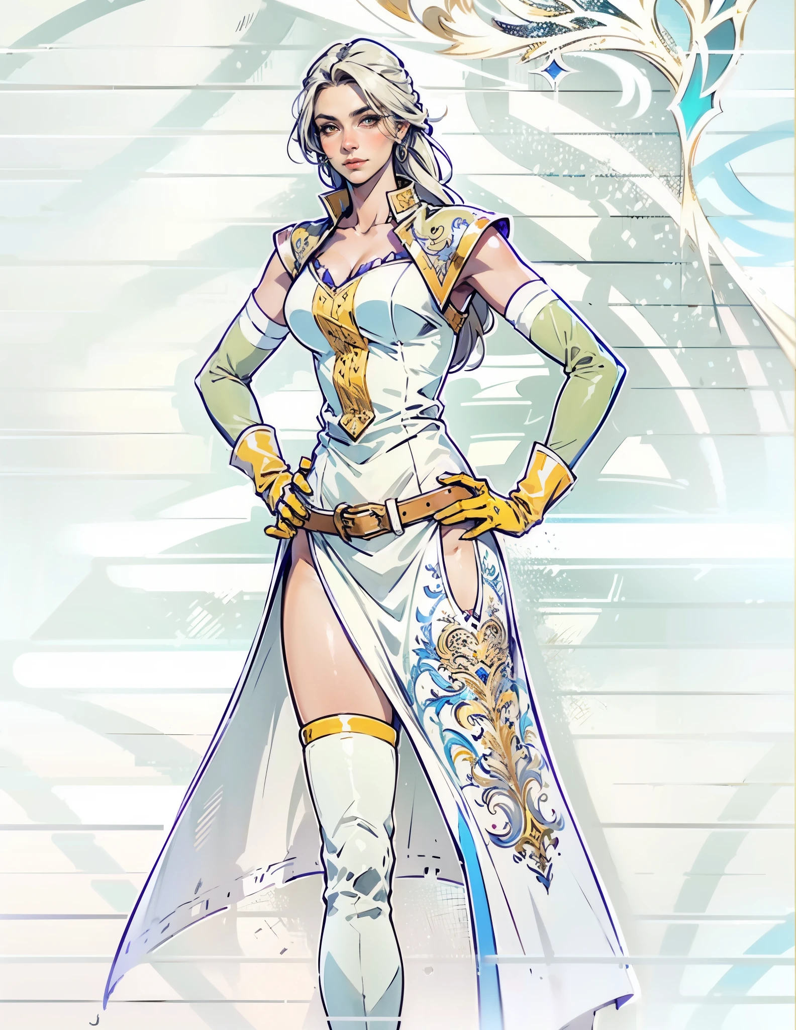 A beautiful woman with flowing orange long hair, exquisite facial features, a playful smile, confident eyes, a tall figure, a two-piece fantasy-style pirate robe coat, yellow as the main color, complemented by red accents, long wrist guard gloves on her hands, a gold belt around her waist with a short hem, leather pants, knee-high boots, standing with her hands on her hips in front of a fantasy medieval-style port tavern, this character embodies a finely crafted fantasy-style female pirate in anime style, exquisite and mature manga art style, high definition, best quality, highres, ultra-detailed, ultra-fine painting, extremely delicate, professional, anatomically correct, symmetrical face, extremely detailed eyes and face, high quality eyes, creativity, RAW photo, UHD, 8k, Natural light, cinematic lighting, masterpiece-anatomy-perfect, masterpiece:1.5