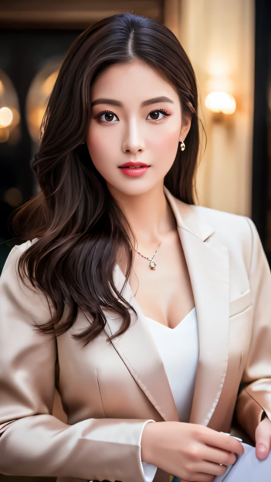 Hyper-Realism, (Photorealsitic:1.4), 8K, maximum resolution, (​masterpiece), highly detailed, Professional, best quality, Refined face, beautiful woman, detailed beautiful eyes and lip, beautiful face, idol face, full body, whole body, Formal attire, Holding a briefcase, Professional demeanor