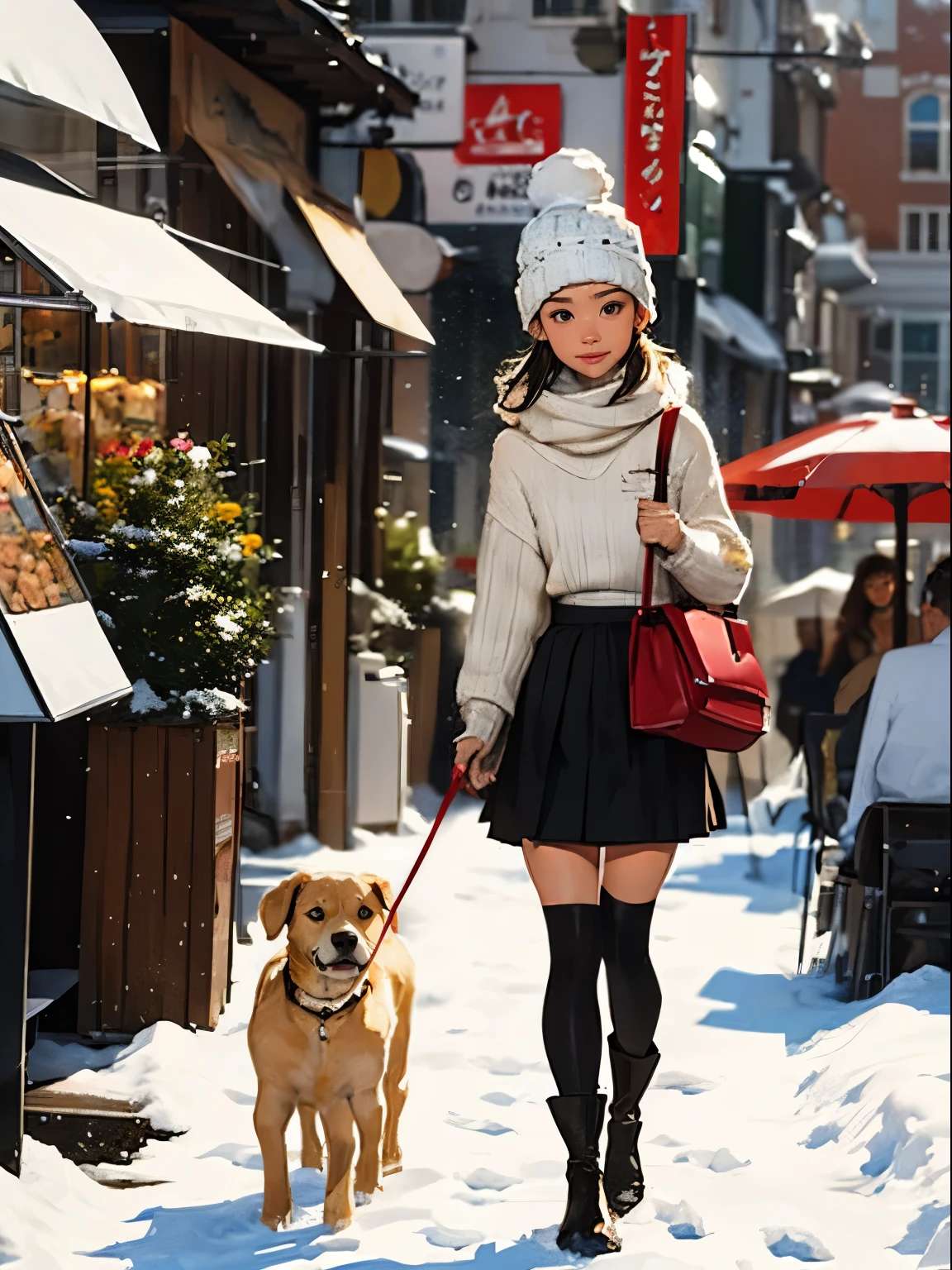 (best quality,8 thousand,very detailed,accurate,Great Quality,from below angle,mature woman,droopy eyes,My face turned red.,walk through the city,winter park,She is holding a small dog,Food Trucks,Bustling streets,high-rise building,heavy snowy,white breath,skirt,thick stockings,high boots,shoulder bag,Knitted hat)