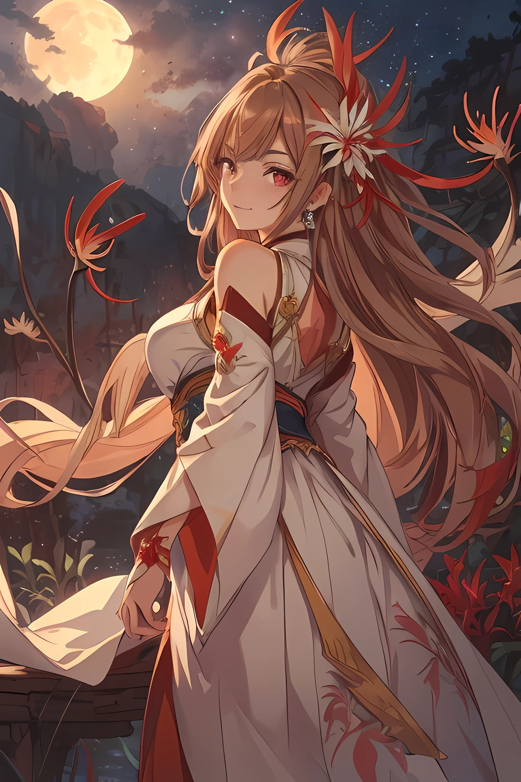 ((High Resolution)), (kind smile), (Busty), ((Top Quality)), ((Ultra Fine)) ((Ultra Fine CG)), ((8k_wallpaper)), Dynamic Angle, Floating, (Eyes with Beautiful Details), Very Delicate and Beautiful Girl, full Body, Ink Painting, (Japanese Style), light brown Eyes, Burning, Detail Light. from_low, (light brown hair), (light red spider lily: 1.33), light brown eye, (hair flower): 1.3), Bloom, single, starry sky, hair ornament, earrings, jewelry, messed up hair, bare shoulders, half-closed eyes, bloom, ((for men)), fairy, (Hanfu: 1.3), (medium breasts): 1.2), (eyeshadow, red eyeliner: 1.15), (eye shadow, red eyeliner: 1.15), (eye shadow, red eyeliner: 1.15), (eye visible through hair: 1.2), (solo)), yellow moon, blushing, looking away from viewer, side boob, visible from side, from side