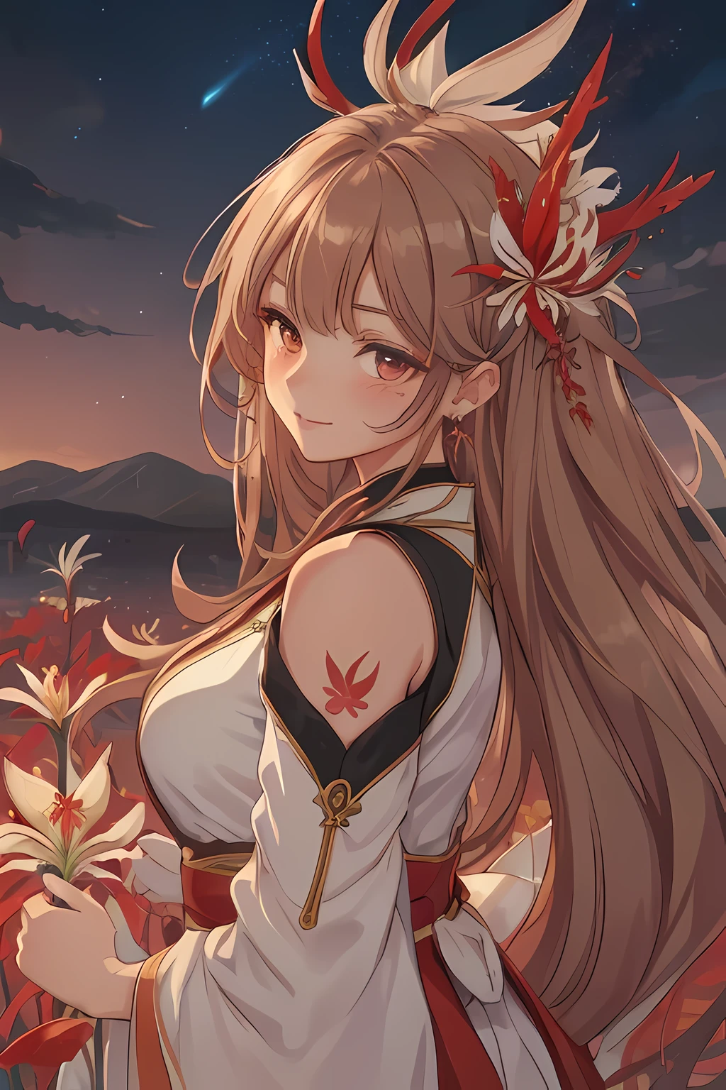 ((High Resolution)), (kind smile), (Busty), ((Top Quality)), ((Ultra Fine)) ((Ultra Fine CG)), ((8k_wallpaper)), Dynamic Angle, Floating, (Eyes with Beautiful Details), Very Delicate and Beautiful Girl, full Body, Ink Painting, (Japanese Style), light brown Eyes, Burning, Detail Light. from_low, (light brown hair), (light red spider lily: 1.33), light brown eye, (hair flower): 1.3), Bloom, single, starry sky, hair ornament, earrings, jewelry, messed up hair, bare shoulders, half-closed eyes, bloom, ((for men)), fairy, (Hanfu: 1.3), (medium breasts): 1.2), (eyeshadow, red eyeliner: 1.15), (eye shadow, red eyeliner: 1.15), (eye shadow, red eyeliner: 1.15), (eye visible through hair: 1.2), (solo)), yellow moon, blushing, looking away from viewer, side boob, visible from side, from side