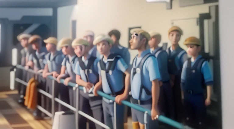 30 sailors, male, 40 years old, 4 black, 8 light brown, 10 blonde, and the rest light, all in blue uniforms!