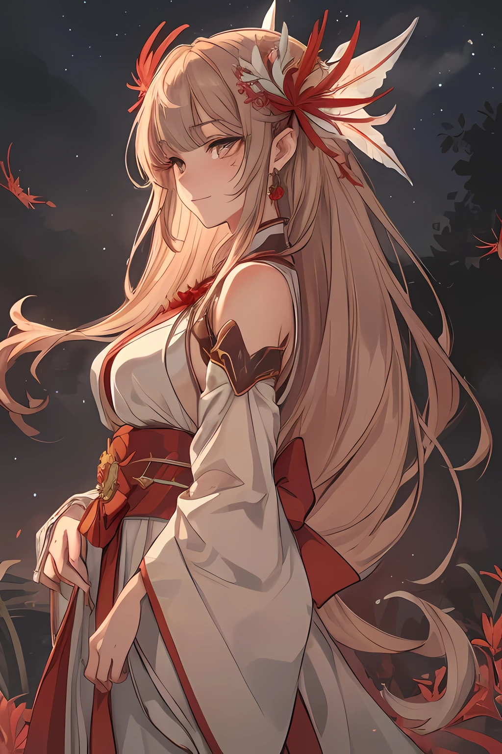 ((High Resolution)), (kind smile), (Busty), ((Top Quality)), ((Ultra Fine)) ((Ultra Fine CG)), ((8k_wallpaper)), Dynamic Angle, Floating, (Eyes with Beautiful Details), Very Delicate and Beautiful Girl, full Body, Ink Painting, (Japanese Style), light brown Eyes, Burning, Detail Light. from_low, (light brown hair), (light red spider lily: 1.33), light brown eye, (hair flower): 1.3), Bloom, single, starry sky, hair ornament, earrings, jewelry, messed up hair, bare shoulders, half-closed eyes, bloom, ((for men)), fairy, (Hanfu: 1.3), (medium breasts): 1.2), (eyeshadow, red eyeliner: 1.15), (eye shadow, red eyeliner: 1.15), (eye shadow, red eyeliner: 1.15), (eye visible through hair: 1.2), (solo)), yellow moon, blushing, looking away from viewer, side boob, visible from side, from side