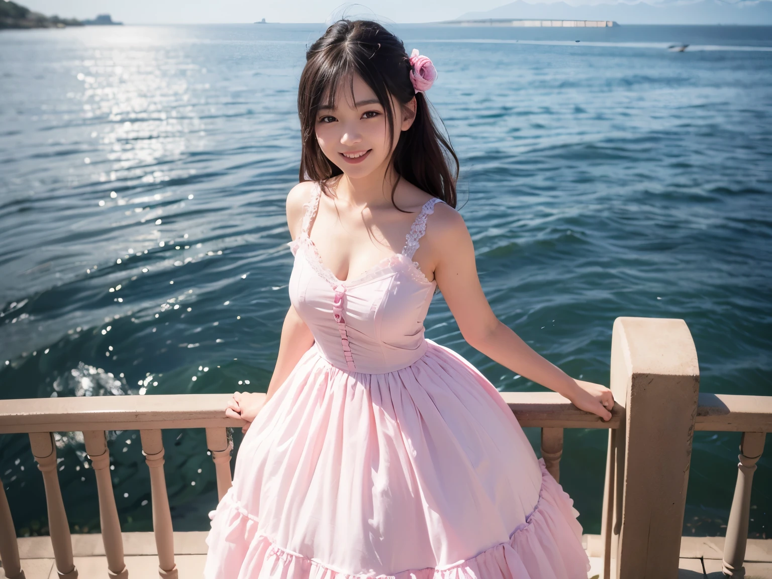 1 Nogizaka Musume、very cute、beautiful girl、、(gothic fashion)、beautiful face, Exquisite details of eyes and skin、fine black shiny hair、Elegant pink frills、pink frill tie、pink ribbon tie、pink hair scrunchie、(smile at the camera)、(cowboy shot)、(sea of europe)、professional lighting、break、(realistic、Photoreal:1.37)、8K、(masterpiece)、(highest quality:1.4)、(Super high resolution:1.2)、 (Raw photo:1.2)、(delicate lace、soft fabric、beautiful rose pattern dress)、perfect anatomy、4 fingers and 1 thumb、(Wallpaper by Unity 8K)