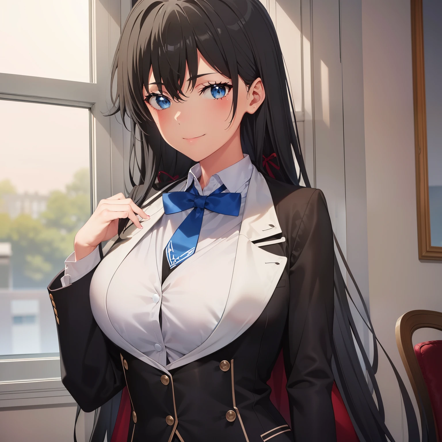 ((best quality)), ((masterpiece)), (detailed) 1girl 1girl, ;\), blurry, blurry_background, breasts, , hair_long looking_at_viewer, ok_sign, open_hand, Yukinoshita Yukino ,Woman wearing formal clothes, An attractive coat sitting on chair in the room , 1girl, 独奏, blue necktie, Black hair, eyes blue, long hair, smile , collared shirt, white pants, white shirt , Elegantly designed coat , Stand in front of a window ,Perfectly tailored tailcoat. It has a stunning Victorian design and is made of lustrous fabric