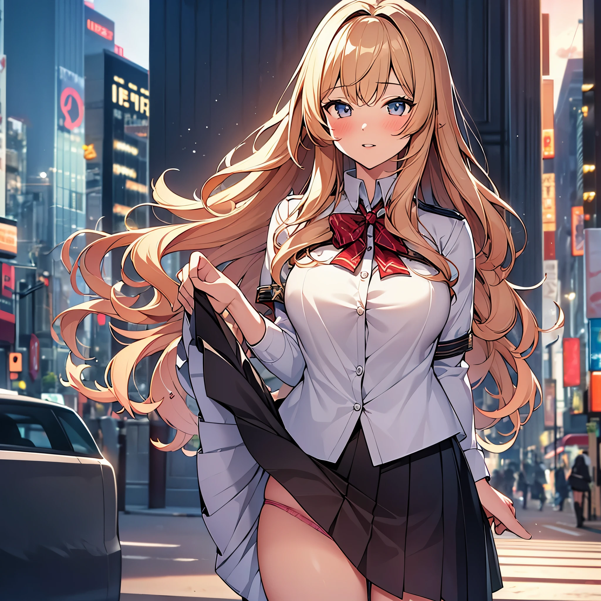 Highly detailed CG Unity 8K wallpaper, highest quality, super detailed, masterpiece, realistic, photo realistic, Highly detailed cute girl, 20-year-old, (((do it yourself skirt lift))), (lift it yourself), panties , panties focus, blush, parted lips, looking at the viewer , half body shot , (crowd), (crowded city) , wavy hair