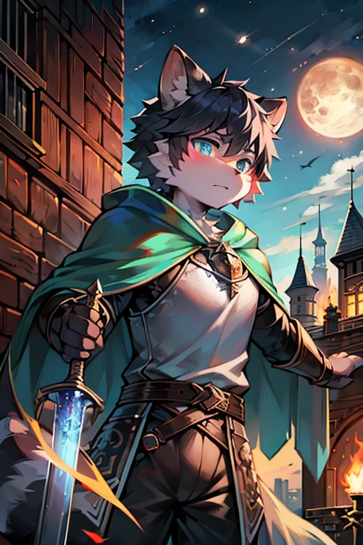 A raccoon，blue pupils，Wear armor，Shabby cloak，holding a long spear，站在city wall上，heavily clouded，flame，long sword，Round ears，waving flag，flame of war，A serious look，Look into the distance，city wall，The fire spread，juvenile，The moon covered by dark clouds，Run-down town，Fire，firm eyes，clouds，The mutilated moon