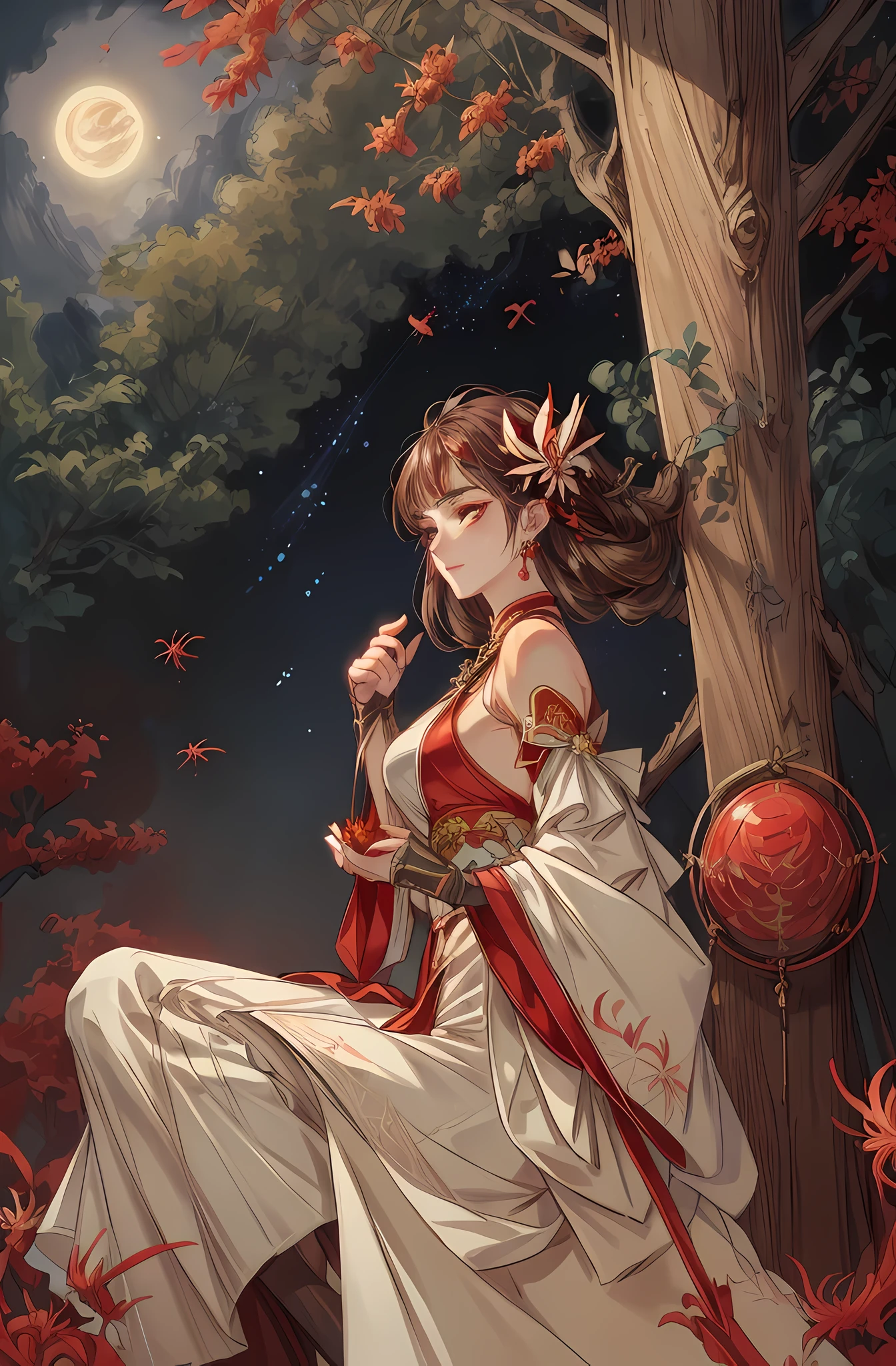 ((High Resolution)), (kind smile), (Busty), ((Top Quality)), ((Ultra Fine)) ((Ultra Fine CG)), ((8k_wallpaper)), Dynamic Angle, Floating, (Eyes with Beautiful Details), Very Delicate and Beautiful Girl, full Body, Ink Painting, (Japanese Style), light brown Eyes, Burning, Detail Light. from_low, (light brown hair), (light red spider lily: 1.33), light brown eye, (hair flower): 1.3), Bloom, single, starry sky, hair ornament, earrings, jewelry, messed up hair, bare shoulders, half-closed eyes, bloom, ((for men)), fairy, (Hanfu: 1.3), (medium breasts): 1.2), (eyeshadow, red eyeliner: 1.15), (eye shadow, red eyeliner: 1.15), (eye shadow, red eyeliner: 1.15), (eye visible through hair: 1.2), (solo)), yellow moon, blushing, looking away from viewer, side boob, visible from side, from side