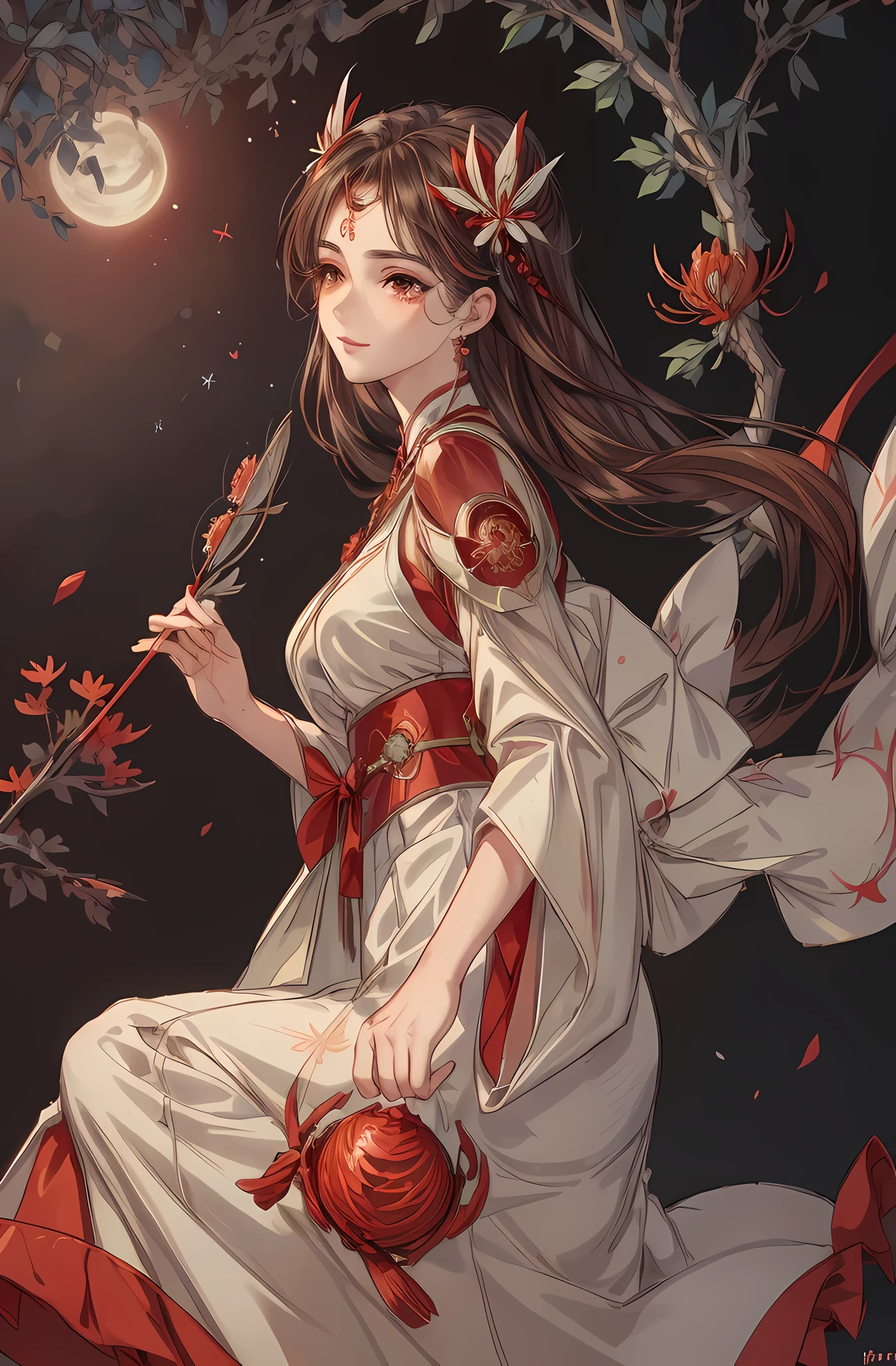 ((High Resolution)), (kind smile), (Busty), ((Top Quality)), ((Ultra Fine)) ((Ultra Fine CG)), ((8k_wallpaper)), Dynamic Angle, Floating, (Eyes with Beautiful Details), Very Delicate and Beautiful Girl, full Body, Ink Painting, (Japanese Style), light brown Eyes, Burning, Detail Light. from_low, (light brown hair), (light red spider lily: 1.33), light brown eye, (hair flower): 1.3), Bloom, single, starry sky, hair ornament, earrings, jewelry, messed up hair, bare shoulders, half-closed eyes, bloom, ((for men)), fairy, (Hanfu: 1.3), (medium breasts): 1.2), (eyeshadow, red eyeliner: 1.15), (eye shadow, red eyeliner: 1.15), (eye shadow, red eyeliner: 1.15), (eye visible through hair: 1.2), (solo)), yellow moon, blushing, looking away from viewer, side boob, visible  from side, from side