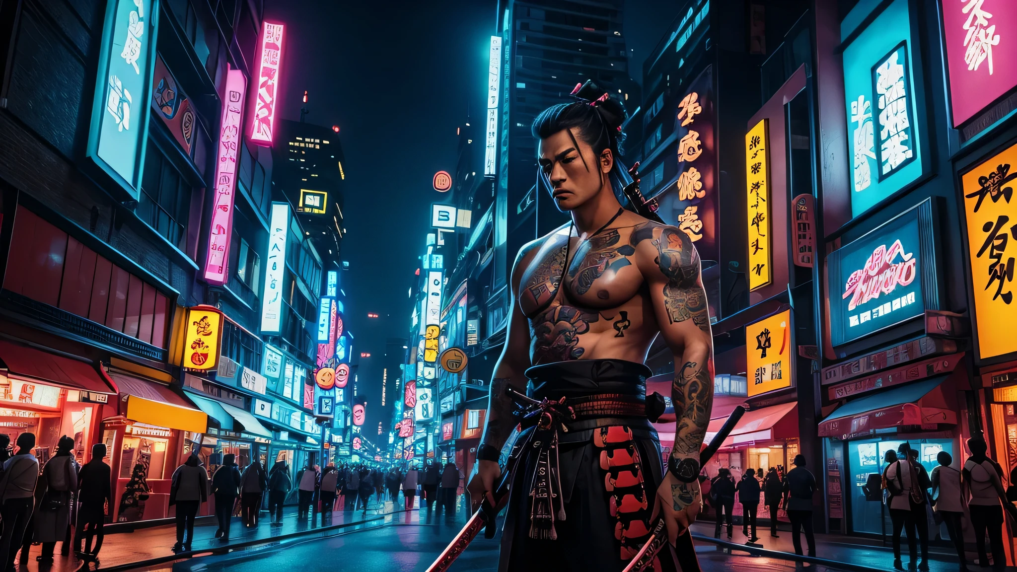 bright neon mega city with a samurai holding a large katana, tattoos, colorful bright