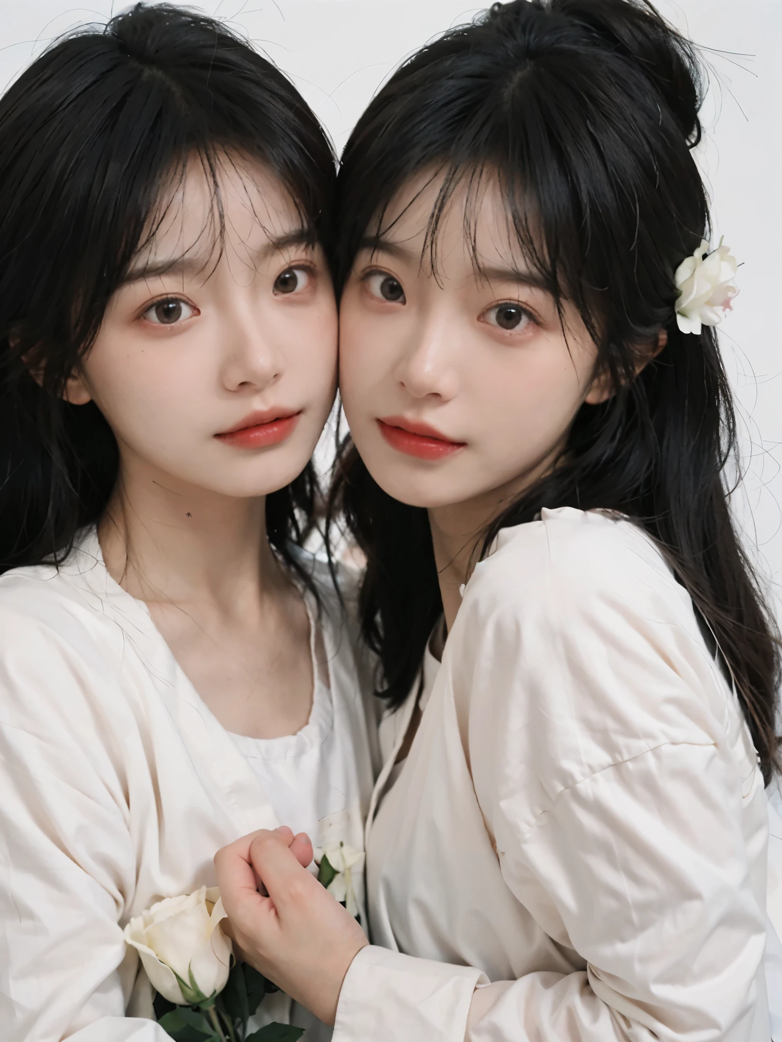 best quality, ultra high resolution, White background,(realistically:1.4), 2 girls, dress,issue card,twin? rose rain,A pair of eyes as clear as snow,Royal sister,looking at the audience, close up ,