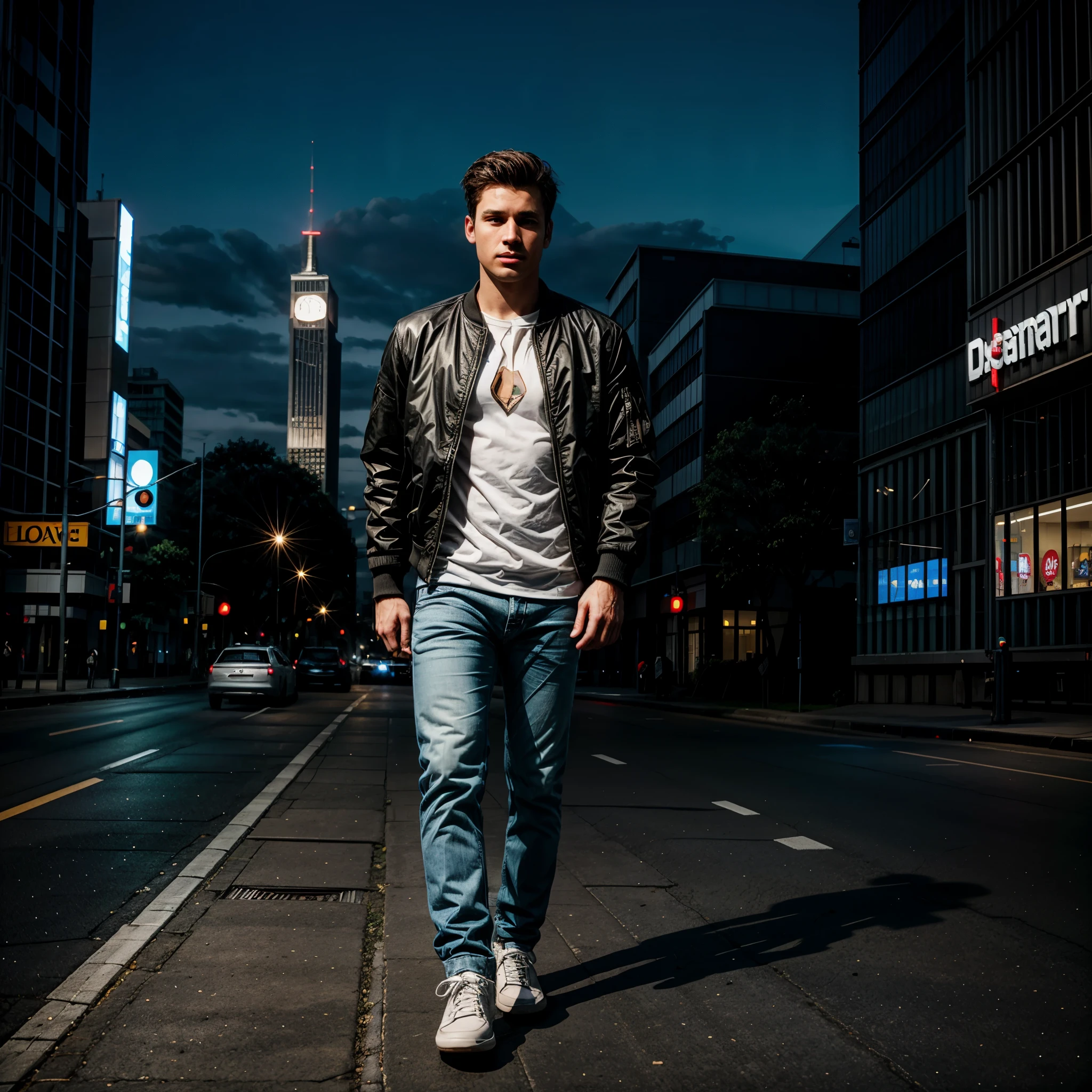 photography of a handsome guy, wearing a bomber jacket, jeans, white sneakers, carrying a sniper rifle, with a night city in the background, sparkling lights, hyper realistic