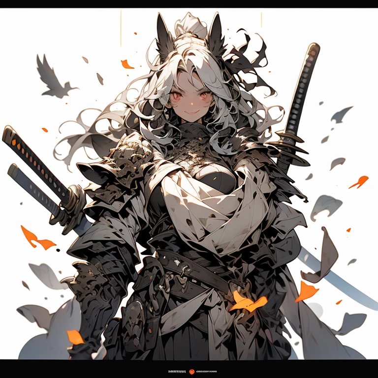 Create an AI illustration of a ridiculous young girl with long hair, hime-cut, White and black hair, two tone color hair, Beautiful detailed hair, Black eyes. She was like a samurai, Standing on the battlefield with a magazine. She wears armor, But pair it with a miniskirt,Black platform shoes，unique look. Please generate illustrations in the highest possible quality.Pronounced muscles，Fluffy ears，Very tall，looking at viewert，full-body portraits，Tall，Orc girl，Mature and tall women，Tall，With a smile，looking toward the viewer