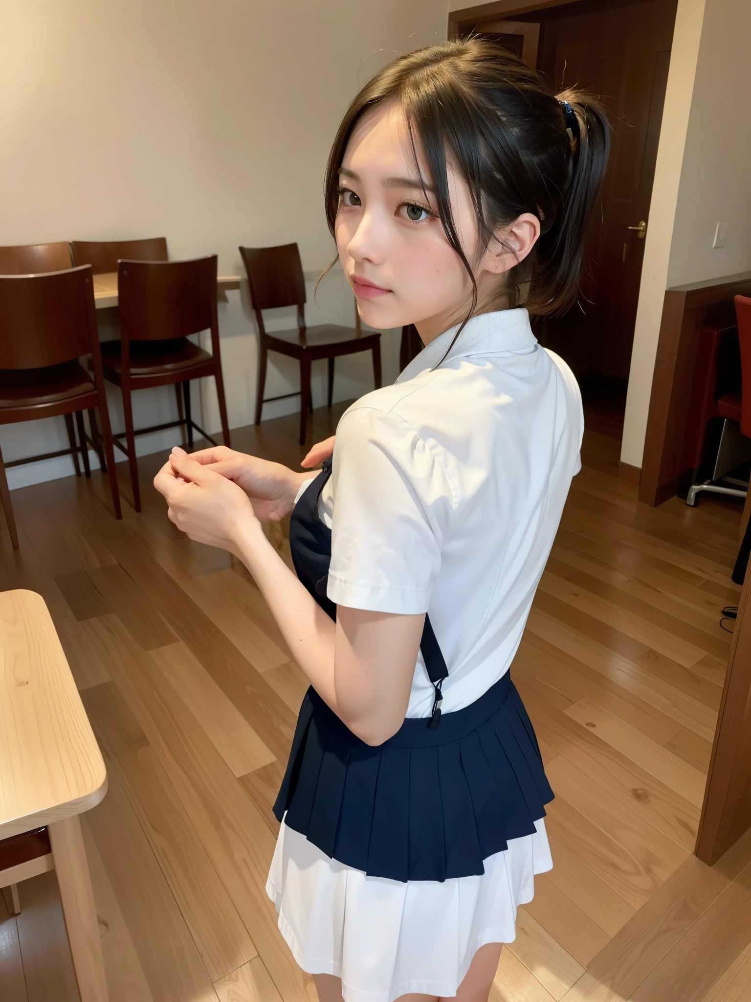 In the kitchen stood a woman in a dress, in a japanese apartment, Surrealism female students, japanese girl school uniform, (Crouch down and pick things up, Spread your legs, Spread your legs:0.5),cute female student, Wearing a Japanese school uniform, Surrealism female students, Japanese school uniform, Japanese model, leaked footage, Realistic schoolgirl, Japan High School, of a youthful japanese girl, young and cute girl, seifuku,from back,Angle from low,from a low perspective。