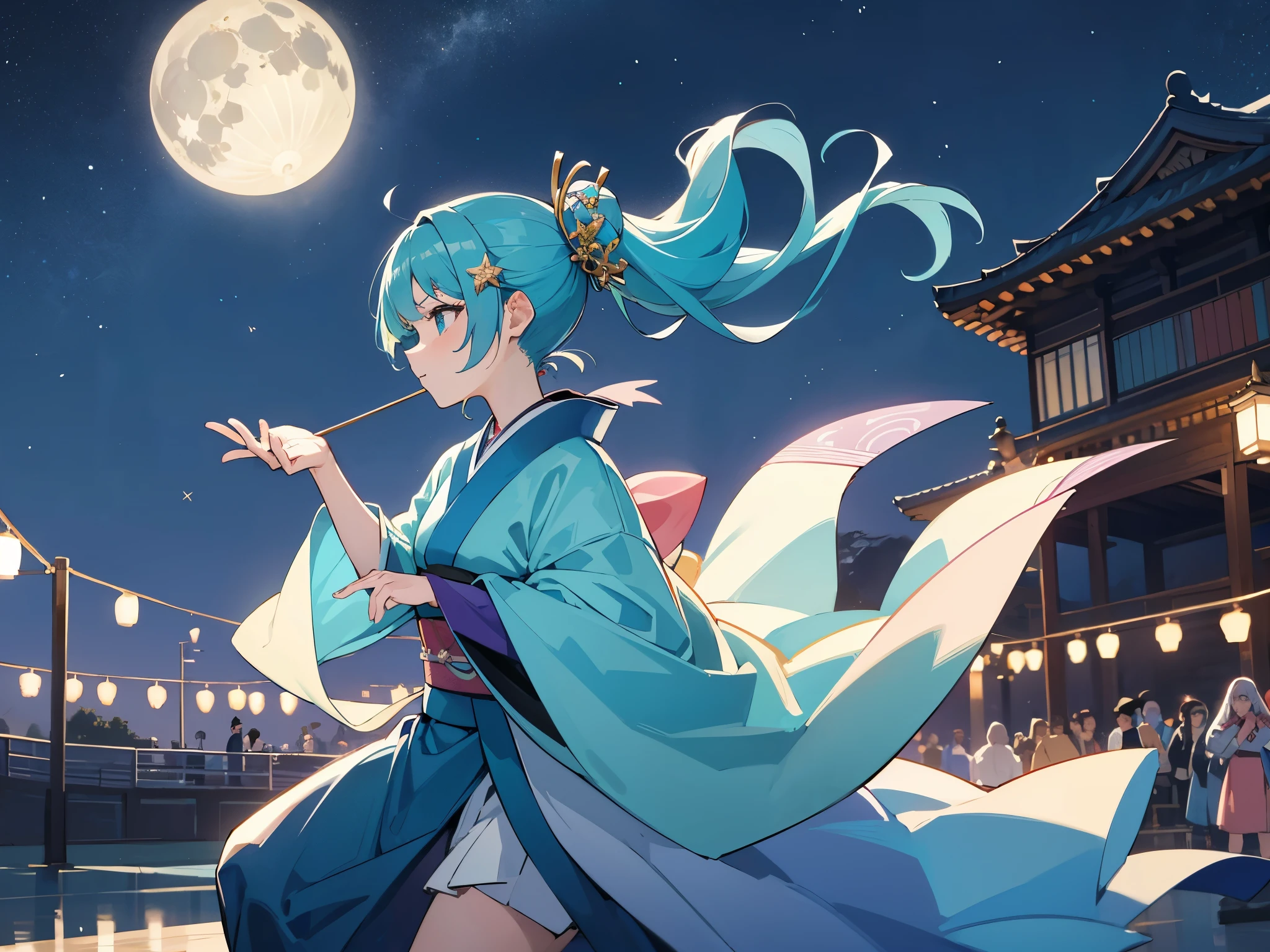 (muste piece)(best quality)(4K)10th generation women、turquoise hair、Hairpin、dark blue kimono(long hem)、Have a fan、dance、outdoor stage、A night with the moon and stars