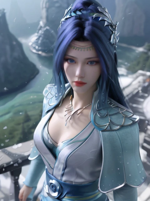 best quality, masterpiece, detailed hair, highres, (((yunyun))) ,necklace,hair ornament, (Beautiful face), blue dress, looking at viewer, blue hair, standing, (above waist)
