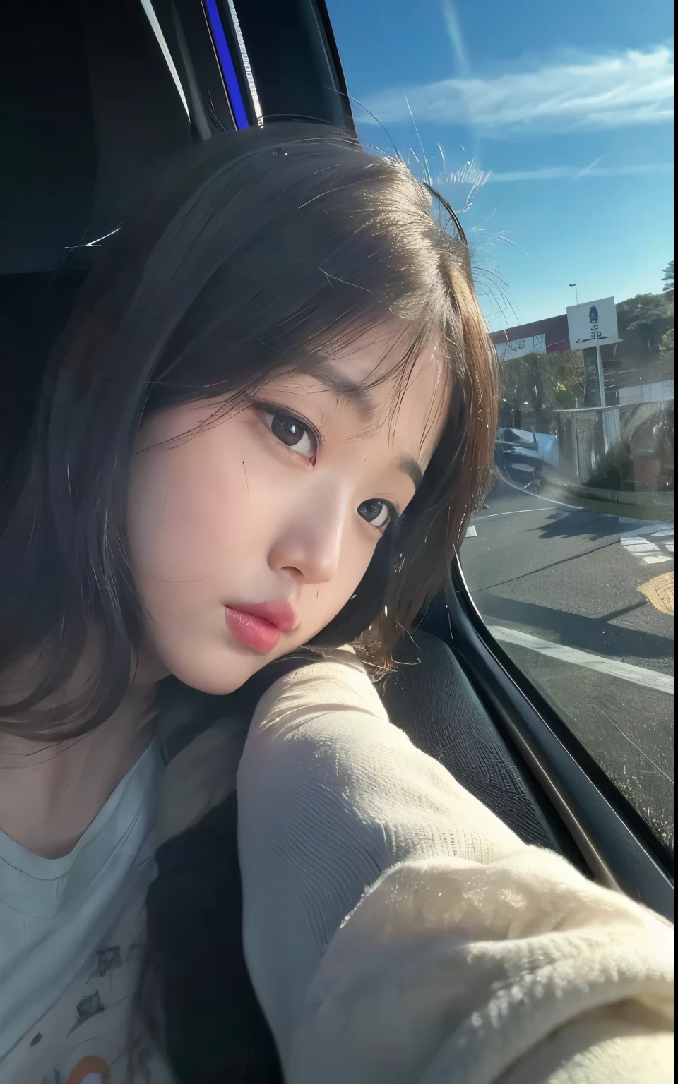there is a young girl sitting in a car looking out the window, jinyoung shin, ulzzang, chiho, 8k selfie photograph, with cute - fine - face, jaeyeon nam, kimi takemura, the hime cut, heonhwa choe, sui ishida with black hair, sun yunjoo, narumi kakinouchi