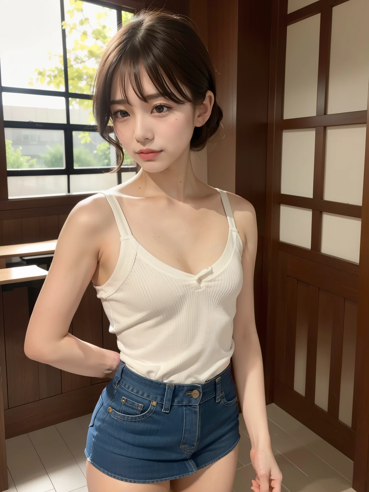 ((Best of the highest quality, 8k, Masterpiece: 1.3, raw photo)), Sharp focus: 1.2, (1 AESPA girl: 1.1), (Solo: 1.18), (realistic, photo-realistic:1.37), face focus, cute face, (Small breasts, flat chest, Thigh: 1.3), messy short hair, updo, (Girls' High School Uniforms: 1.1, panties), cafe, books, flower, cinematic lighting, from behind,