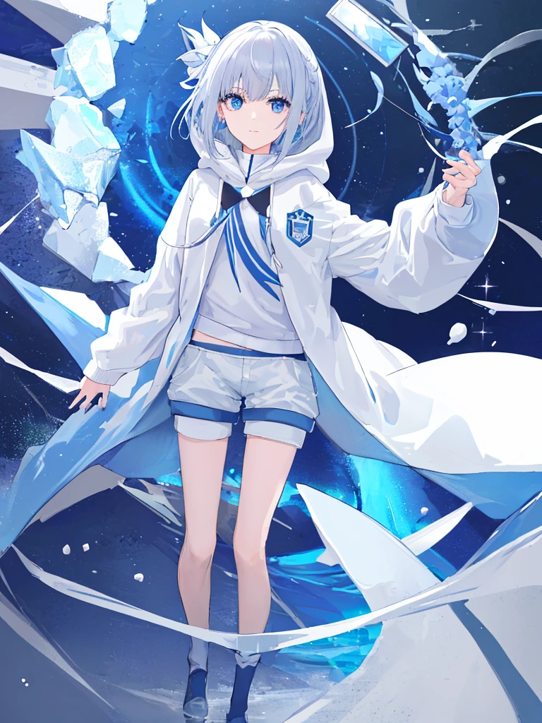 ((top-quality)), ((masterpiece)), ((ultra-detailliert)), (Extremely delicate and beautiful), girl with, report, cold attitude,((White hoodie)),She is very(relax)with the(Settled down)Looks,depth of fields,Evil smile,Bubble, under the water, Air bubble,Underwater world bright light blue eyes,inner color with bright gray hair and light blue tips,,,,,,,,,,,,,,,,,,,,,,,Cold background,Bob Hair - Linear Art, shortpants、knee high socks、White uniform like 、Light blue ribbon ties、Clothes are sheer、The hand in my right pocket is like a sapphire,Fronllesse Blue, A small blue light was floating、fantastic eyes、selfy,Self-shot、Bangs fall on the eyes, give a sexy impression.