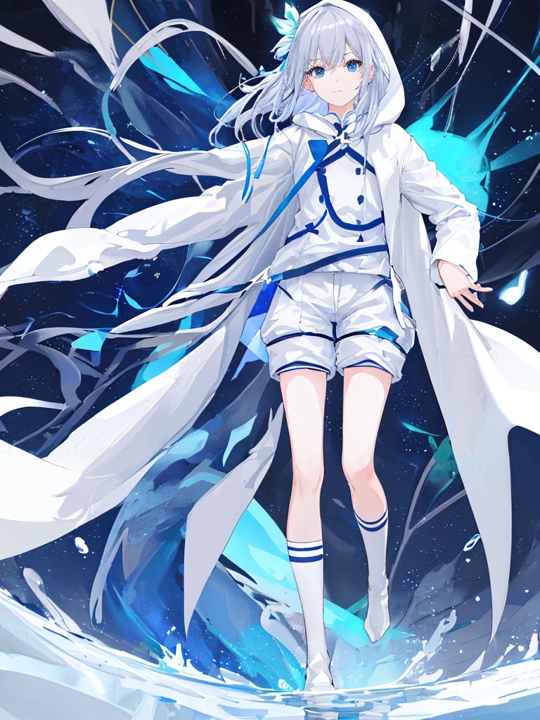 ((top-quality)), ((​masterpiece)), ((ultra-detailliert)), (Extremely delicate and beautiful), girl with, report, cold attitude,((White hoodie)),She is very(relax)with  the(Settled down)Looks,depth of fields,Evil smile,Bubble, under the water, Air bubble,Underwater world bright light blue eyes,inner color with bright gray hair and light blue tips,,,,,,,,,,,,,,,,,,,,,,,Cold background,Bob Hair - Linear Art, shortpants、knee high socks、White uniform like 、Light blue ribbon ties、Clothes are sheer、The hand in my right pocket is like a sapphire,Fronllesse Blue, A small blue light was floating、fantastic eyes、selfy,Self-shot、Bangs fall on the eyes, give a sexy impression.