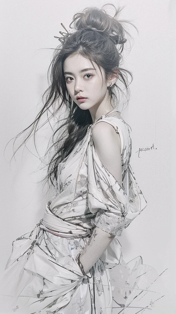 monochrome portrait、hair ornament in the shape of a cross、Japanese taste、14 year old Japanese female、profile
