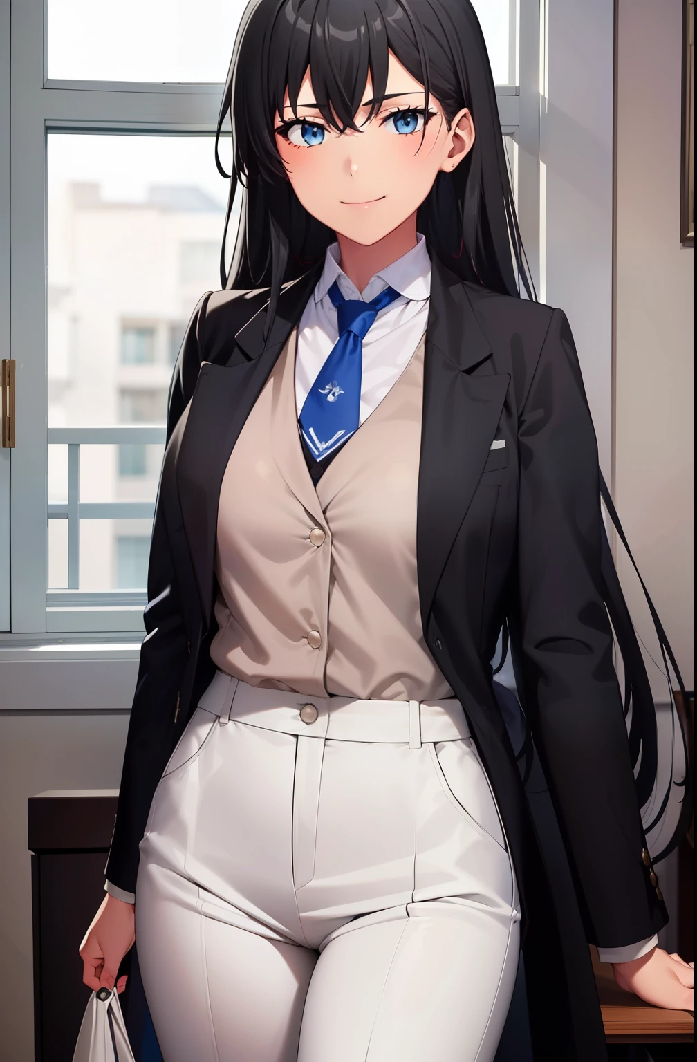 ((best quality)), ((masterpiece)), (detailed) 1girl 1girl, ;\), blurry, blurry_background, breasts, , hair_long looking_at_viewer, ok_sign, open_hand, Yukinoshita Yukino ,Woman wearing formal clothes, An attractive coat sitting on chair in the room , 1girl, 独奏, blue necktie, Black hair, eyes blue, long hair, smile , collared shirt, white pants, white shirt , Elegantly designed coat , Stand in front of a window ,Perfectly tailored tailcoat. It has a stunning Victorian design and is made of lustrous fabric , full body