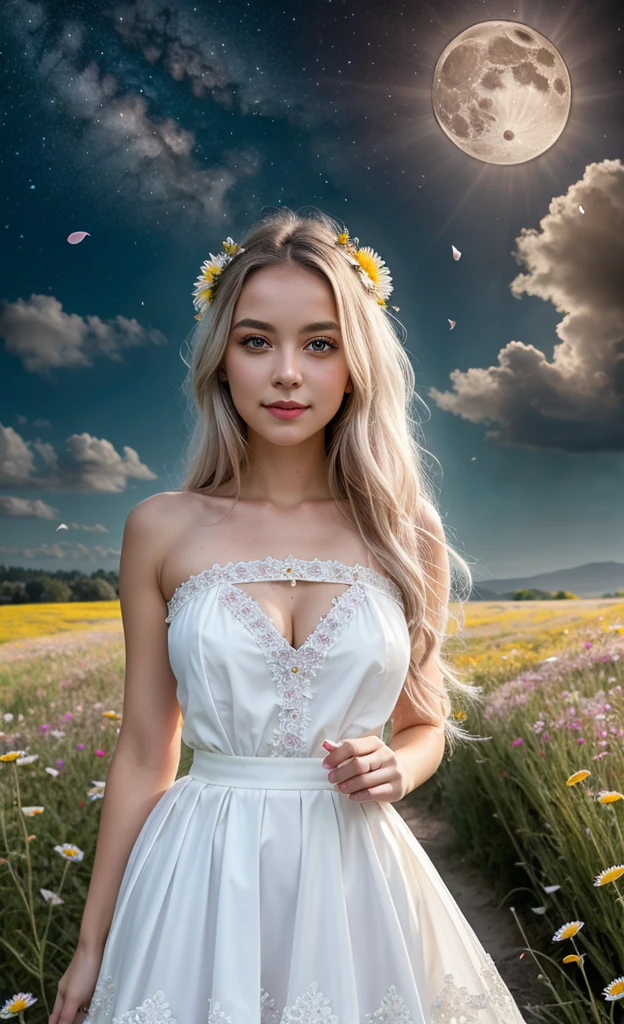 artwork, best quality, 1 girl, (colorful),(beautiful finely detailed eyes and detailed face), cinematic lighting, bust shot, extremely detailed CG Unit 8K wallpaper, white hair, alone, smile, intricate skirt, ((flying petal)),(flower meadow) sky, cloudy_sky, building, MoonLight, Moon, night, (dark theme:1), Light, Fantasy,